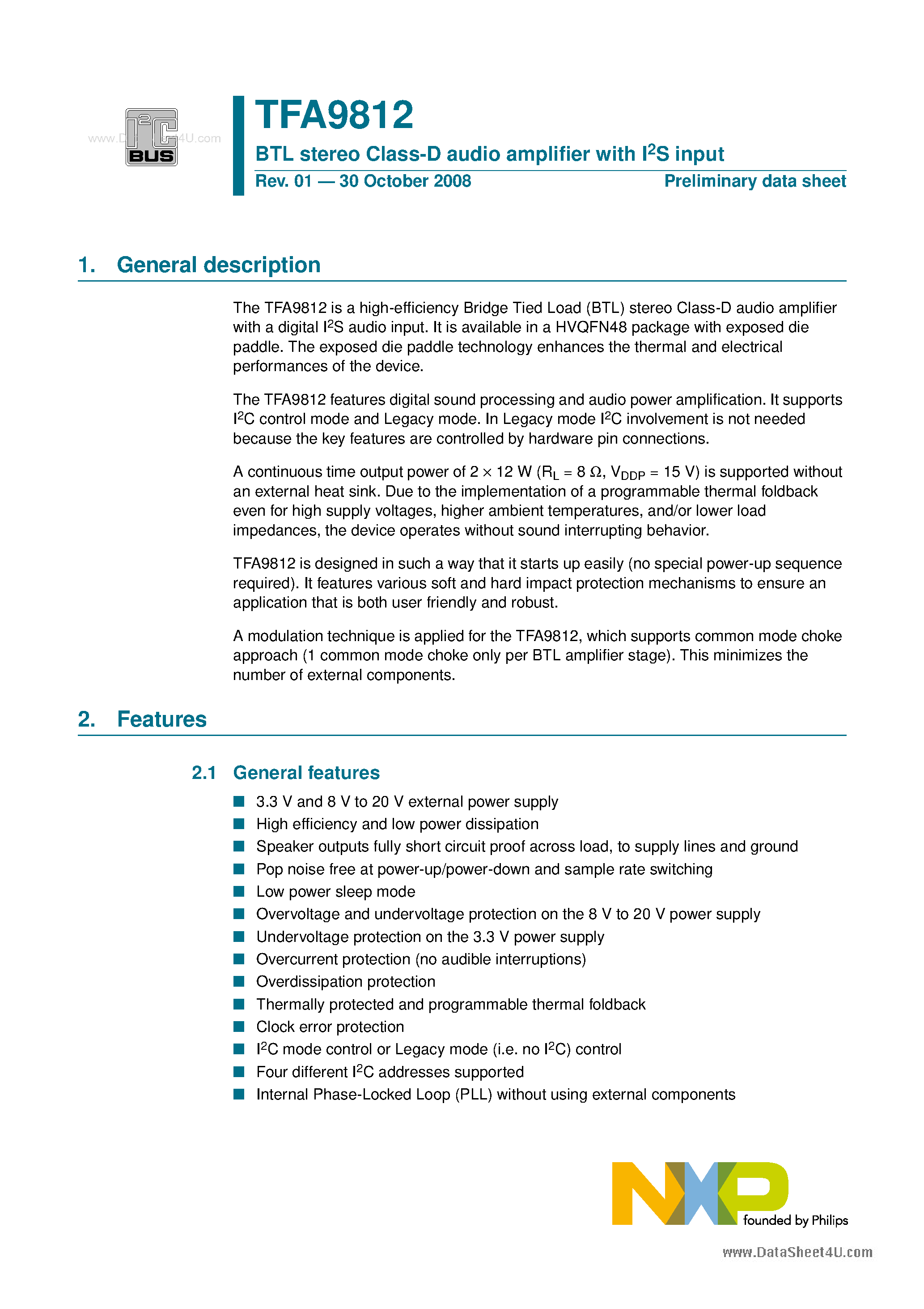 Datasheet TFA9812 - BTL stereo Class-D audio amplifier page 1