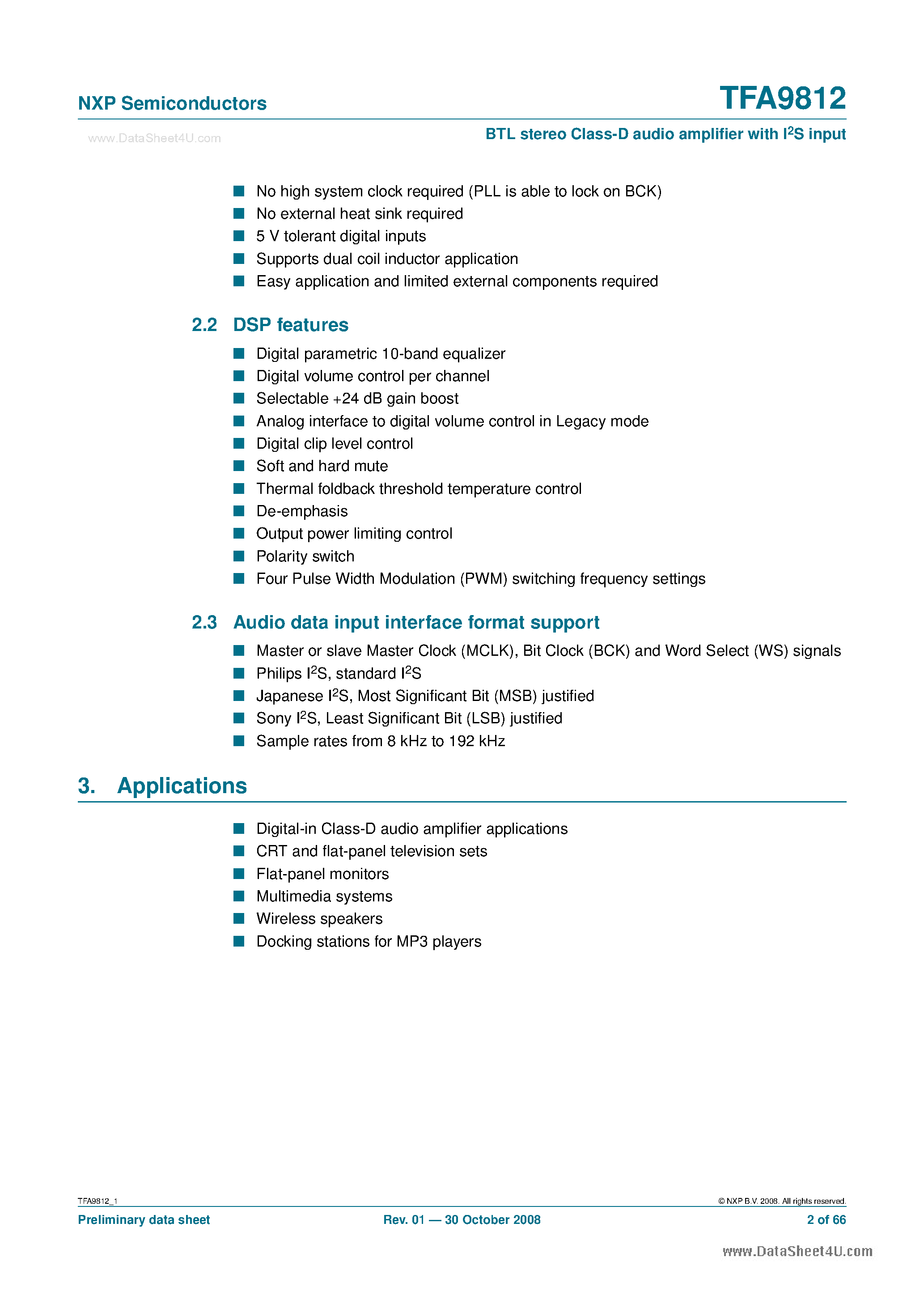 Datasheet TFA9812 - BTL stereo Class-D audio amplifier page 2