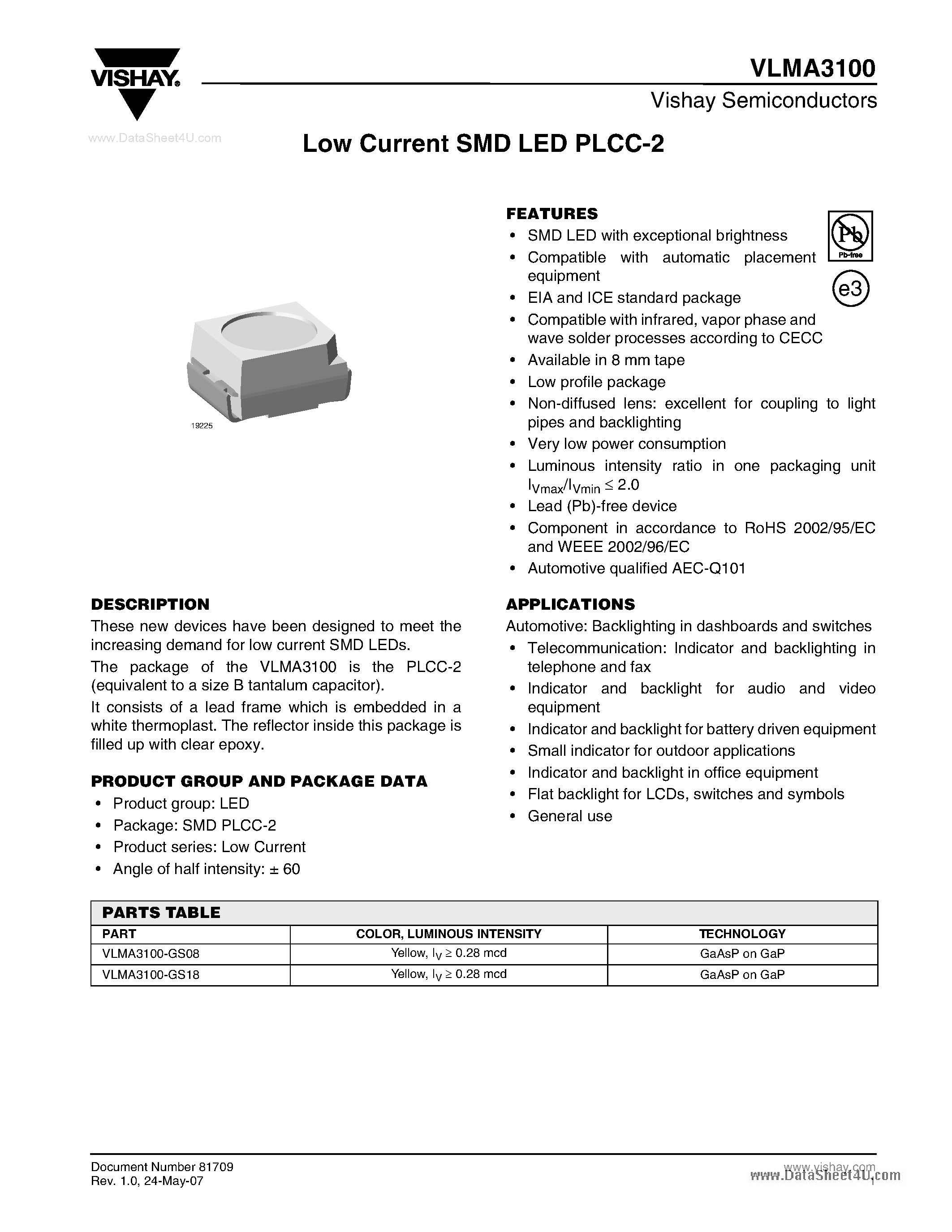 Даташит VLMA3100 - Low Current SMD LED PLCC-2 страница 1