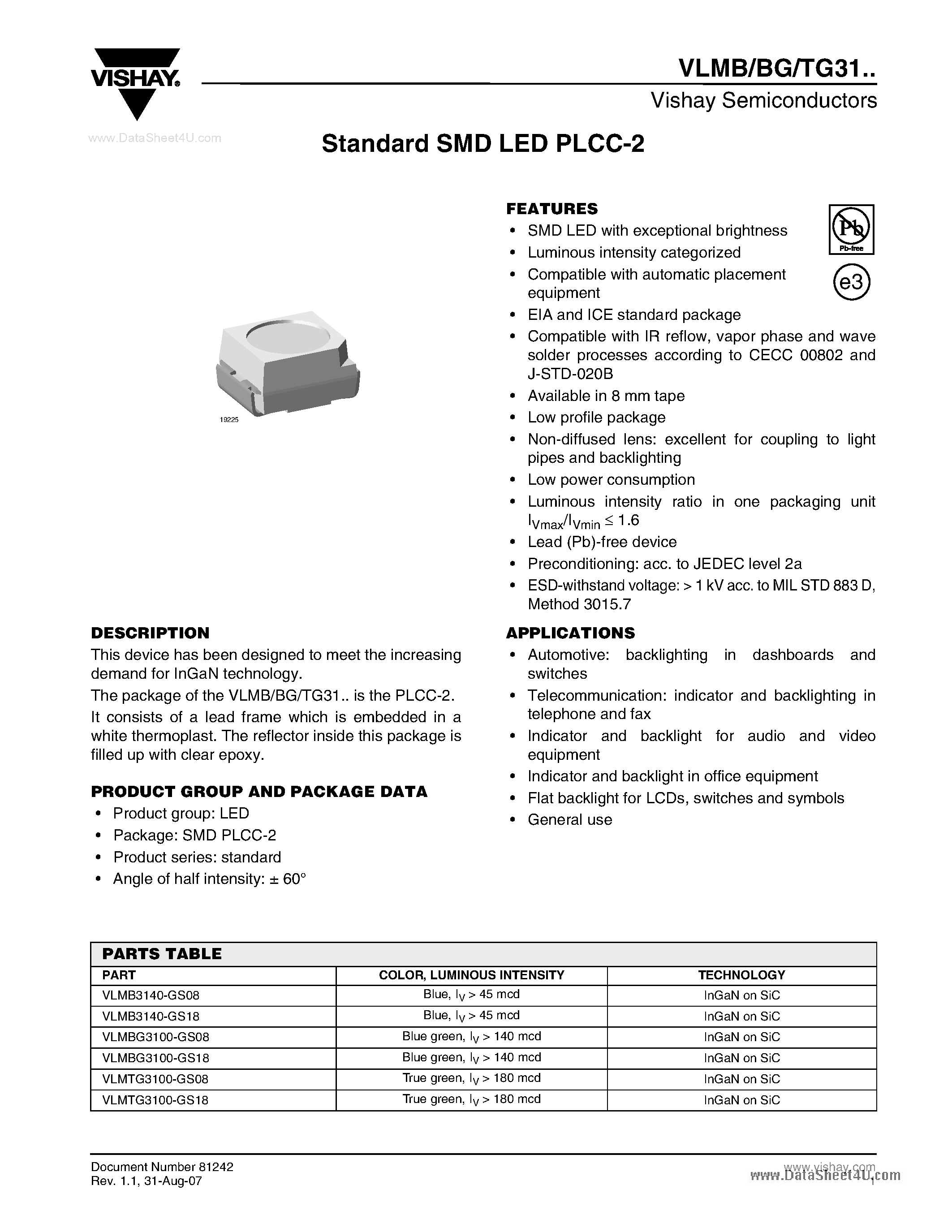 Даташит VLMB31 - Standard SMD LED PLCC-2 страница 1