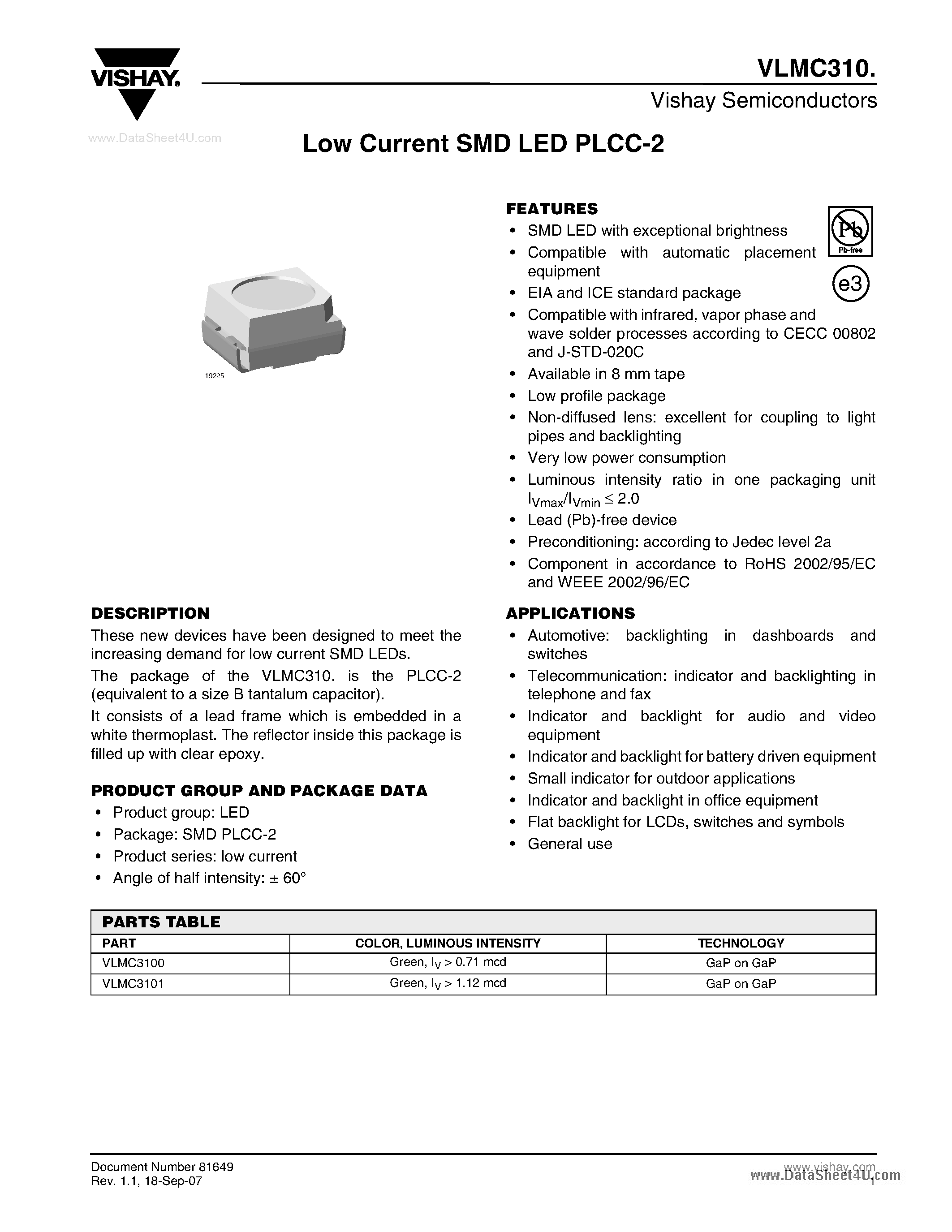 Даташит VLMC310 - Low Current SMD LED PLCC-2 страница 1