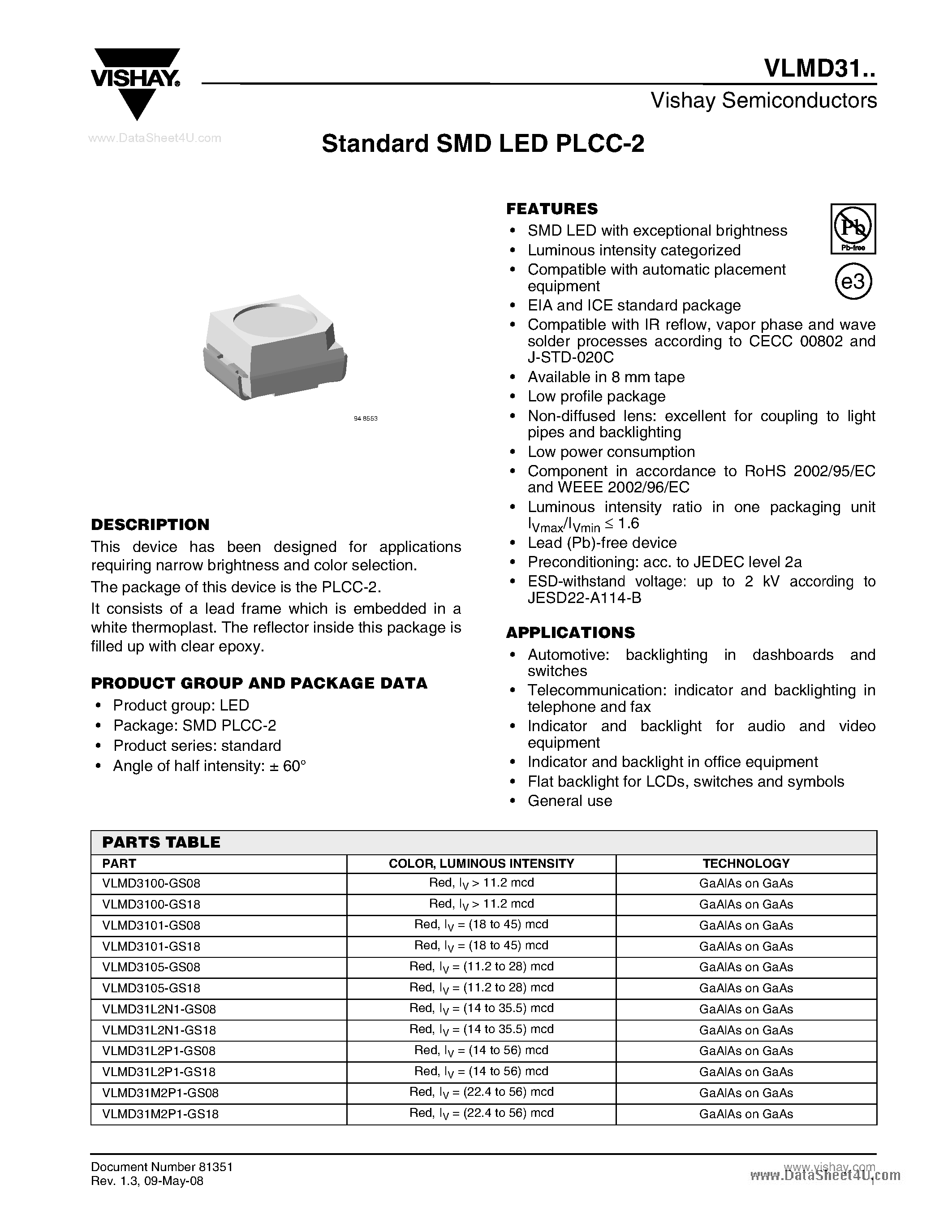 Даташит VLMD31 - Standard SMD LED PLCC-2 страница 1