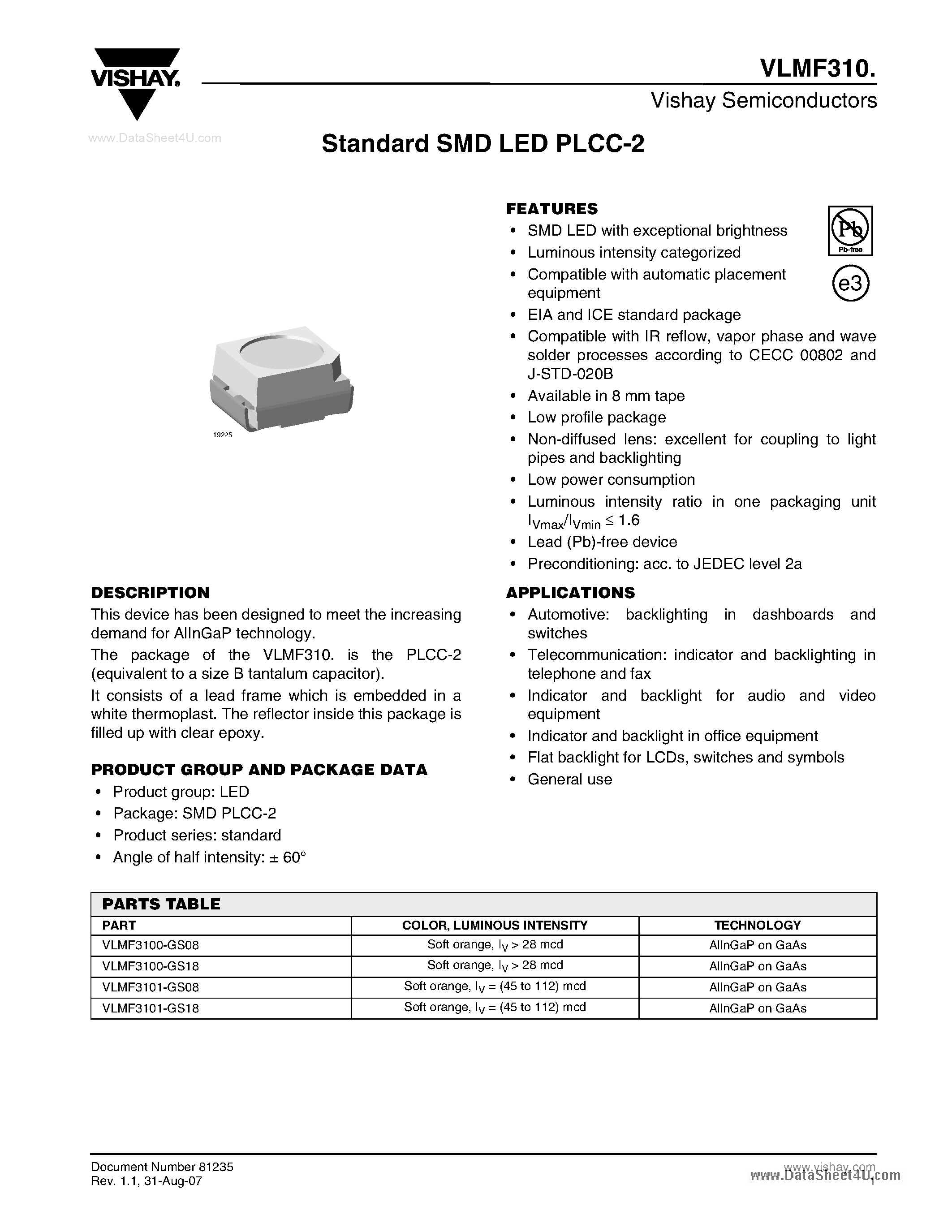 Даташит VLMF31 - Standard SMD LED PLCC-2 страница 1