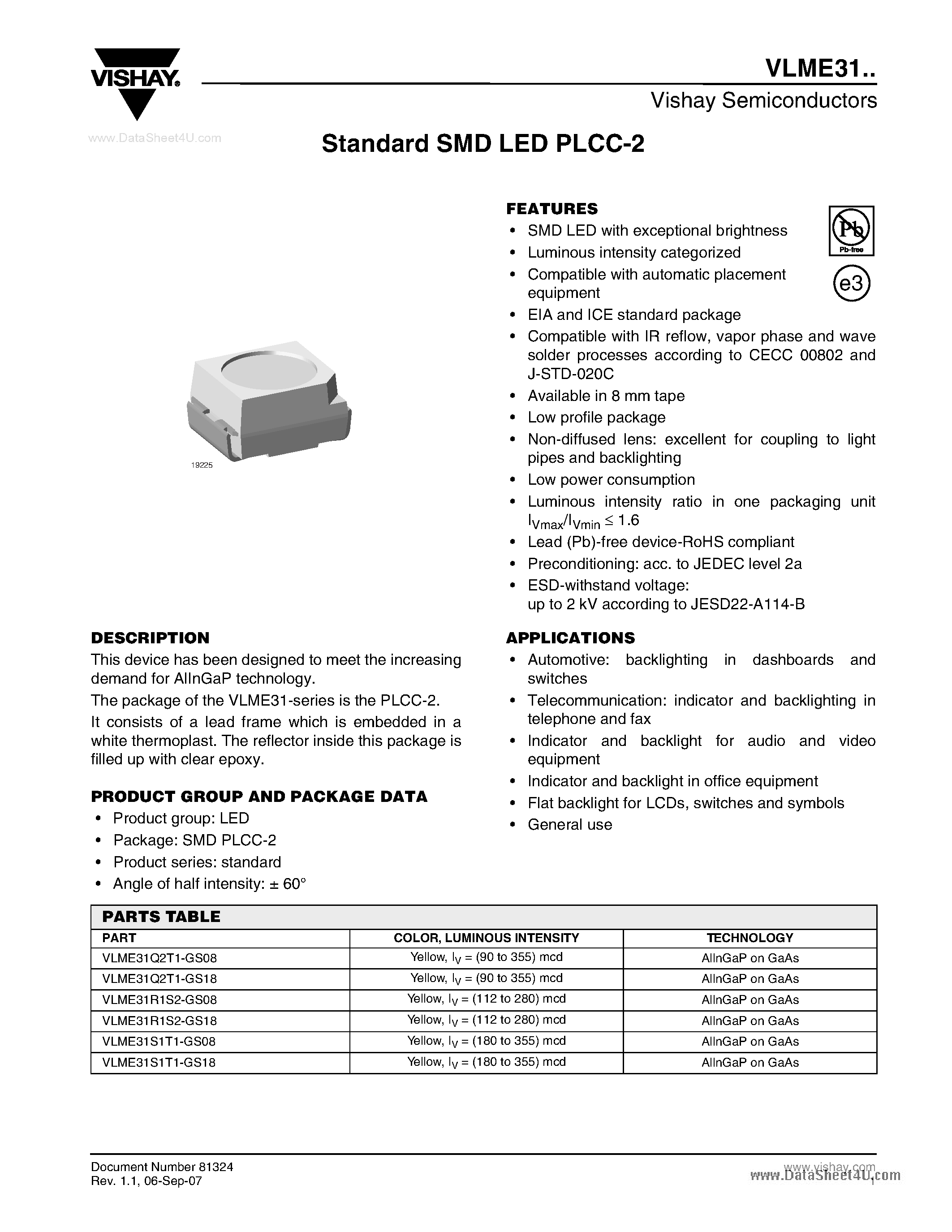 Даташит VLME31 - Standard SMD LED PLCC-2 страница 1