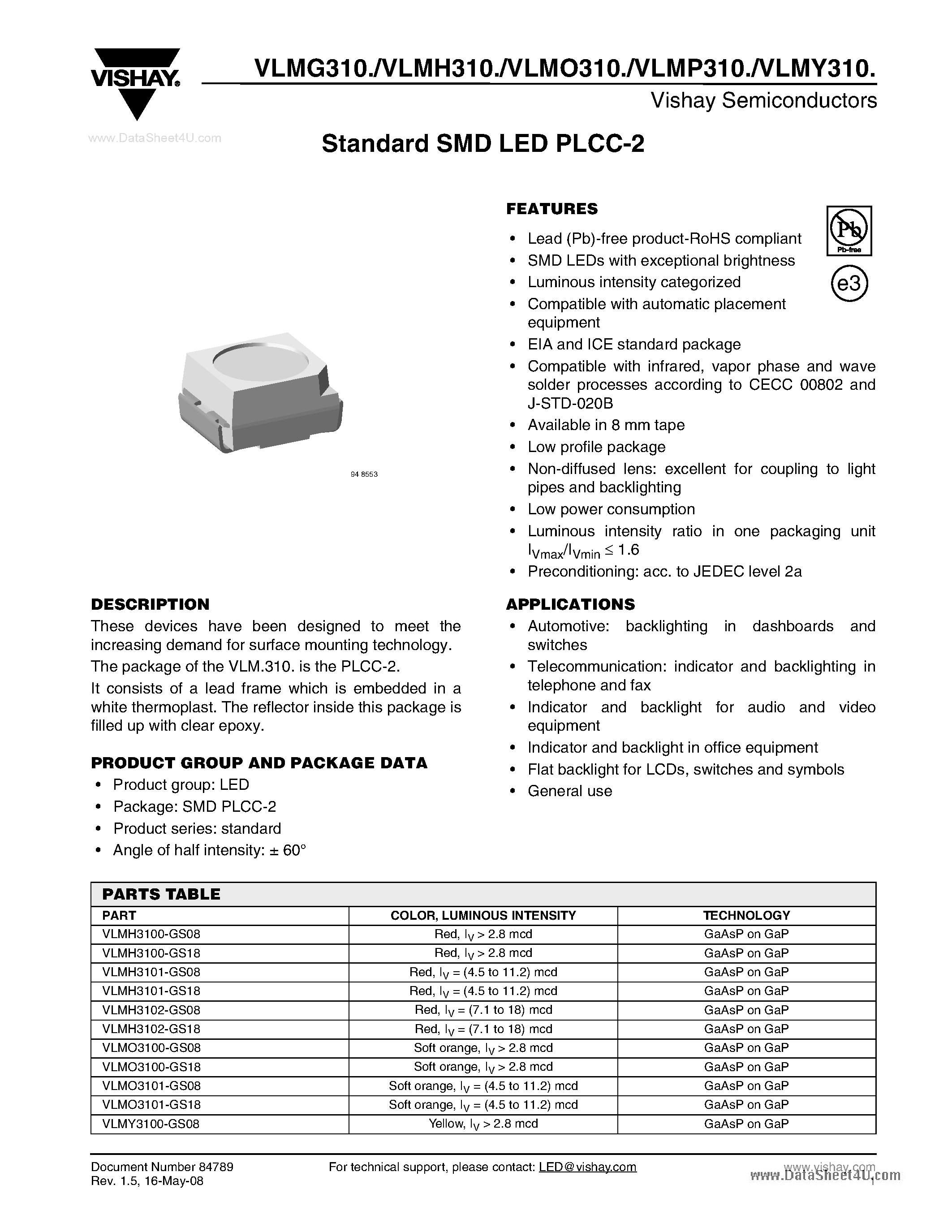 Даташит VLMG310 - (VLMx310) Standard SMD LED PLCC-2 страница 1