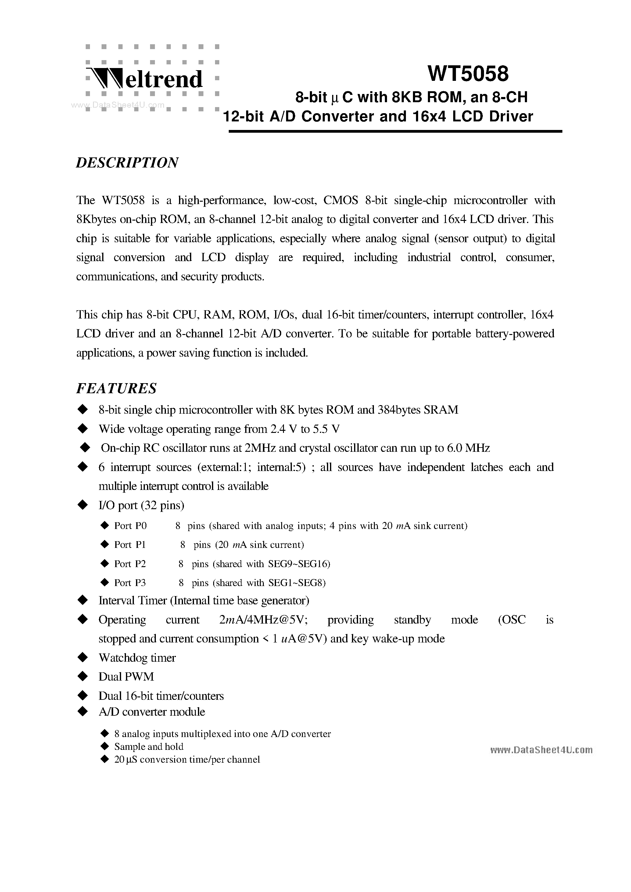 Даташит WT5058 - 8-Bit uC страница 1