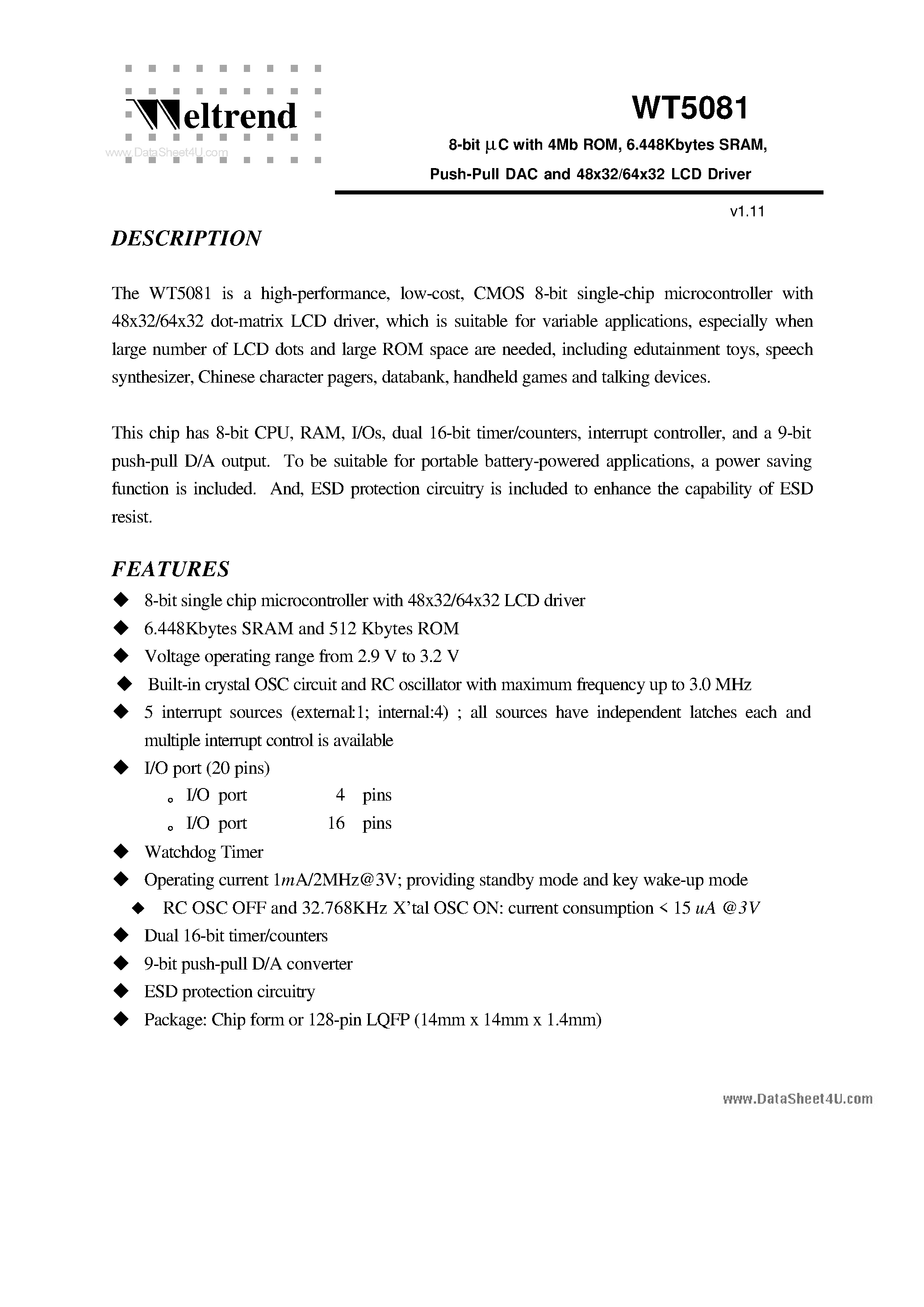 Даташит WT5081 - 8-Bit uC страница 1