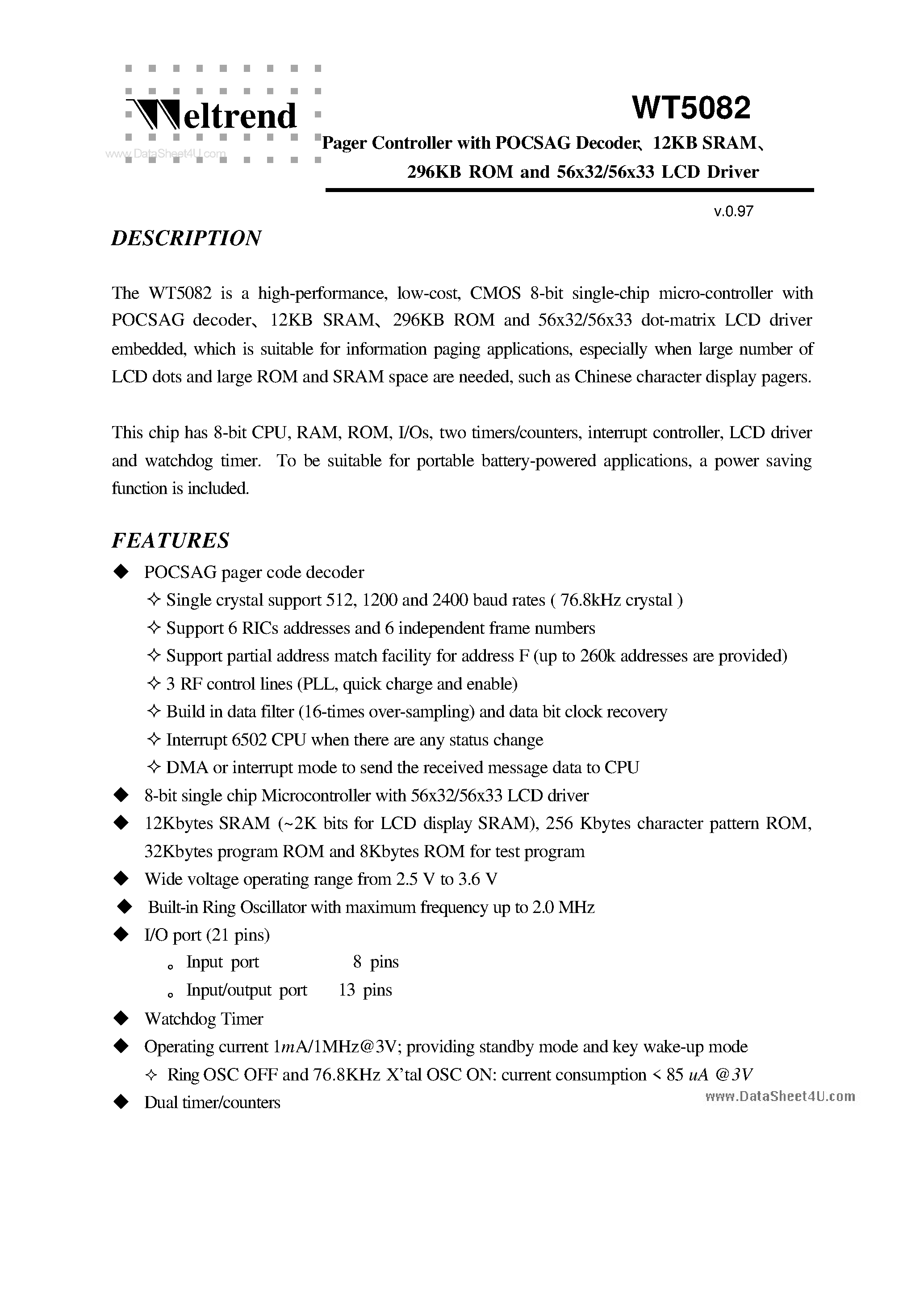 Даташит WT5082 - 8-Bit uC страница 1