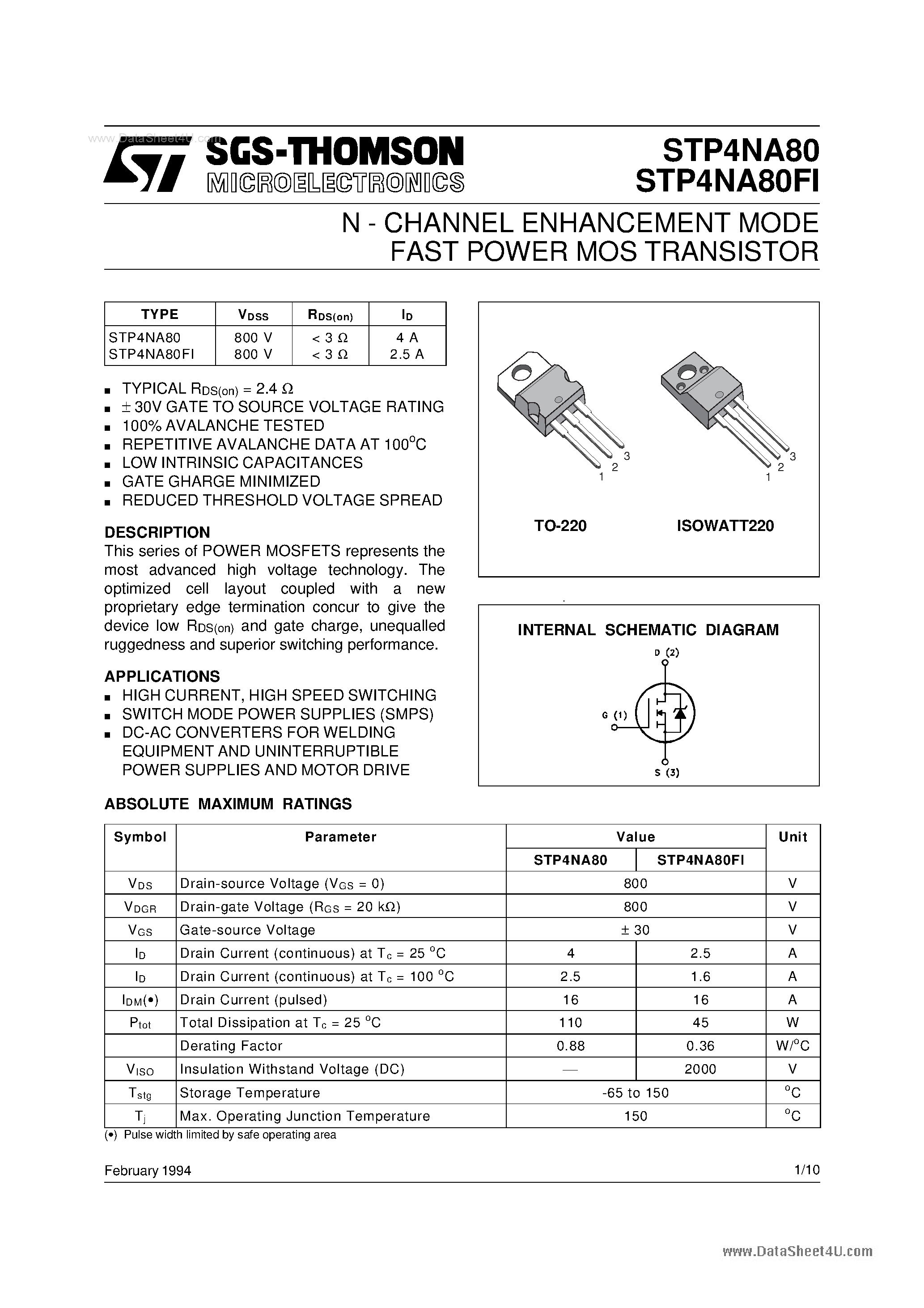 Даташит P4NA80 - Search -----> STP4NA80 N-Channel MOS Transistor страница 1