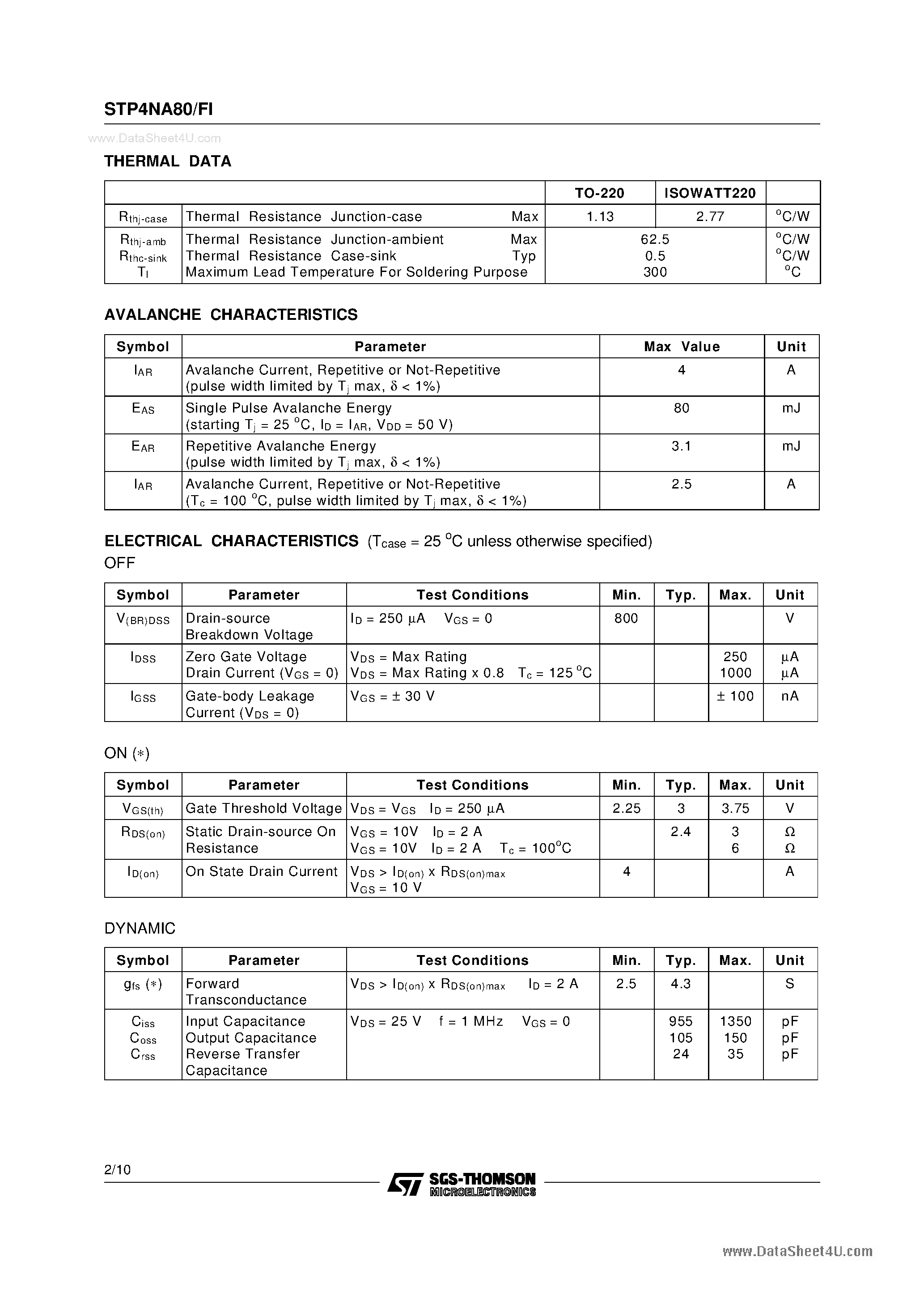 Даташит P4NA80 - Search -----> STP4NA80 N-Channel MOS Transistor страница 2