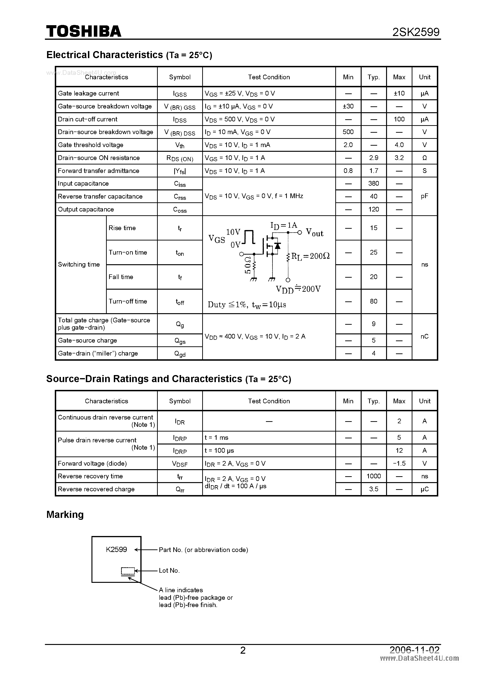 Datasheet K2599 - Search -----> 2SK2599 page 2