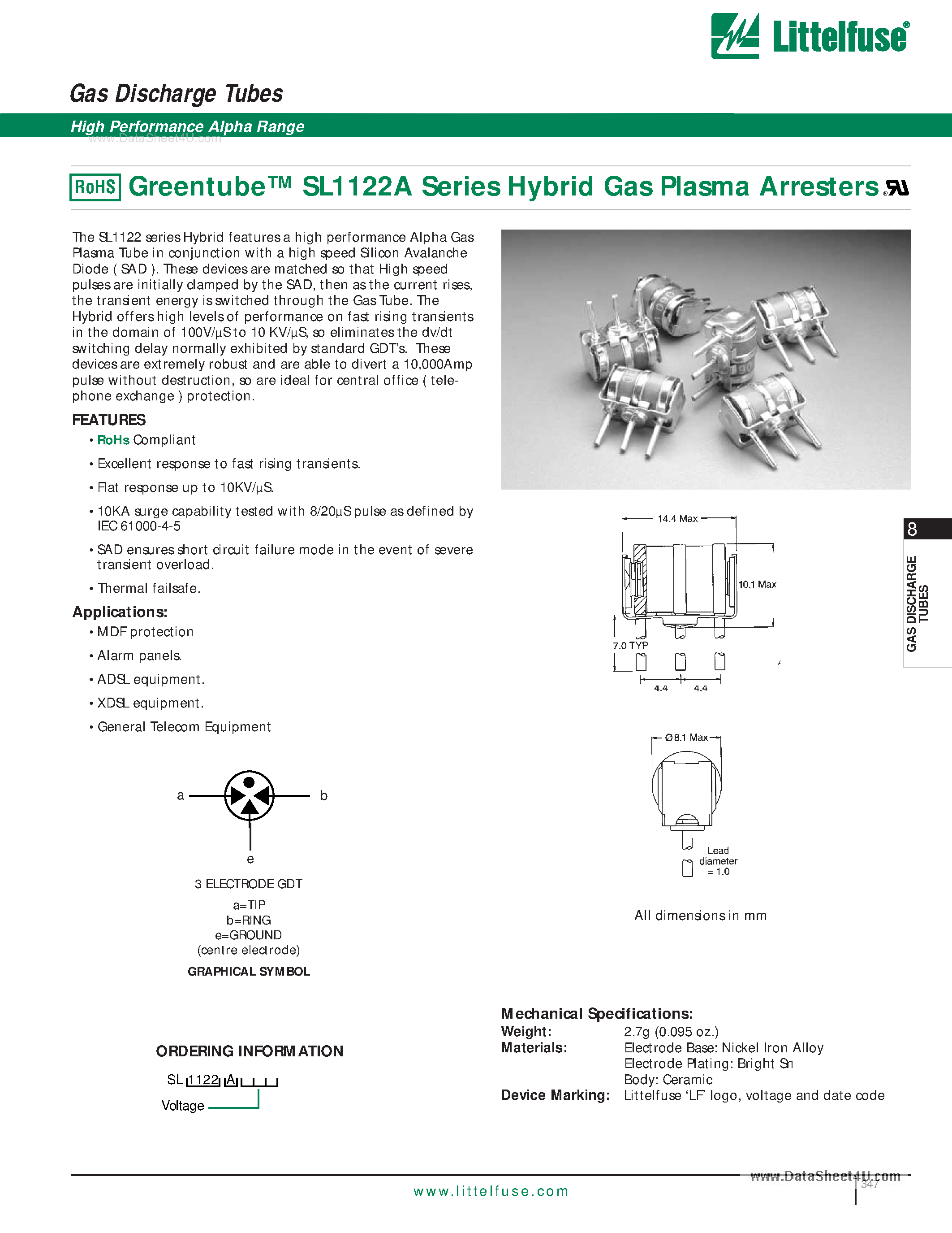 Datasheet SL1122A - Gas Discharge Tubes page 1