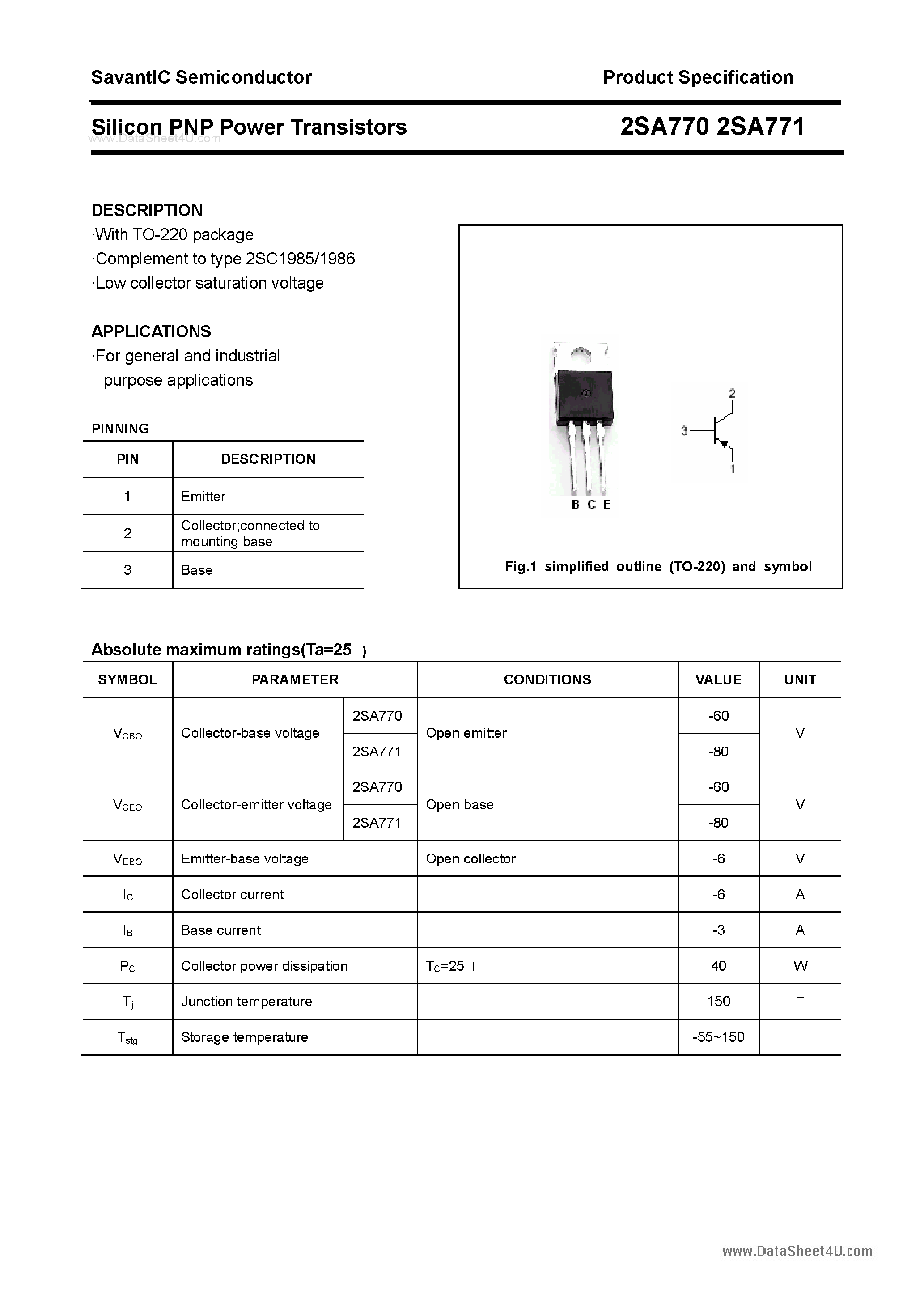 Datasheet 2SA770 - (2SA770 / 2SA771) Silicon POwer Transistors page 1