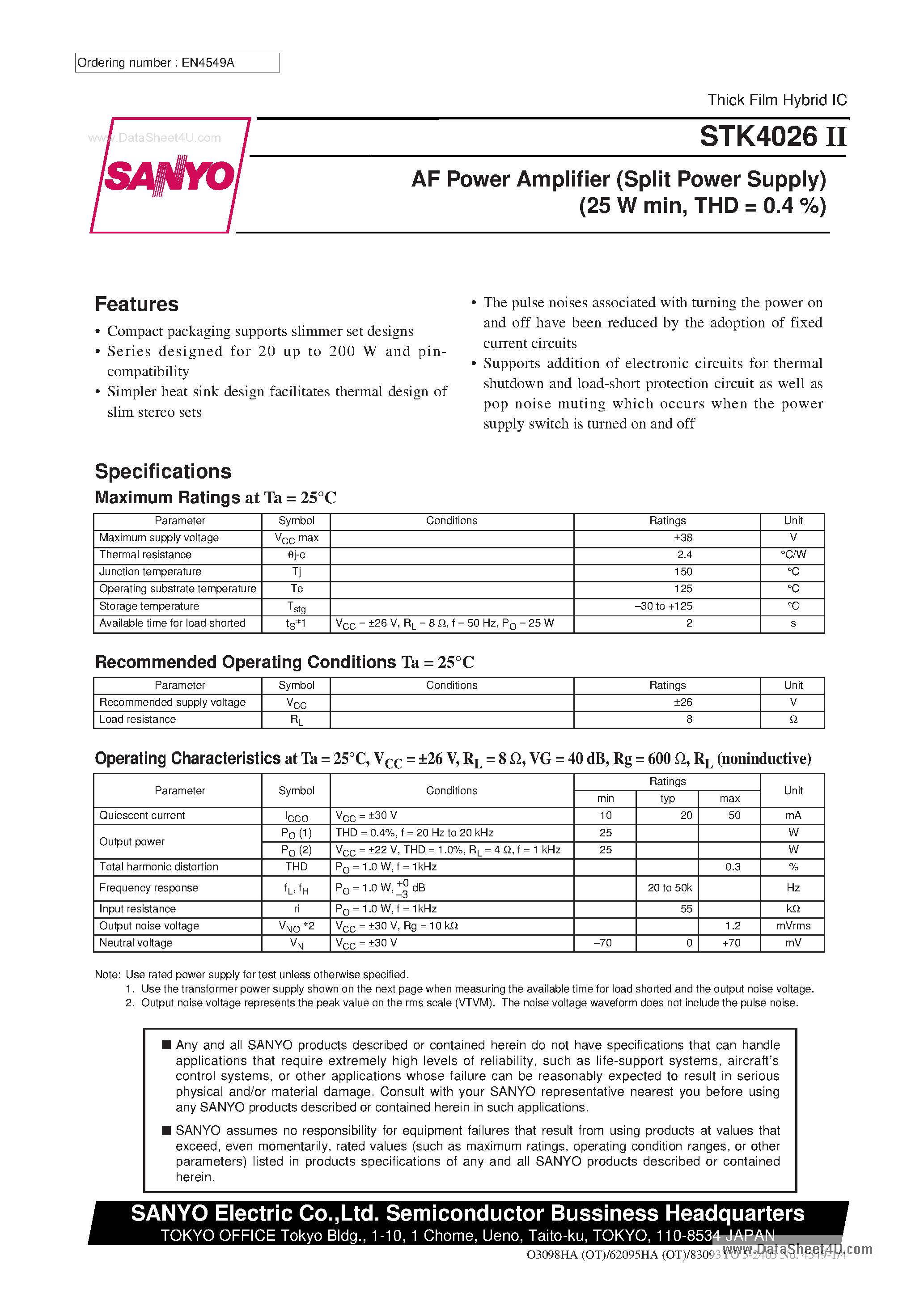 Datasheet STK4026II - af Power Amplifier page 1