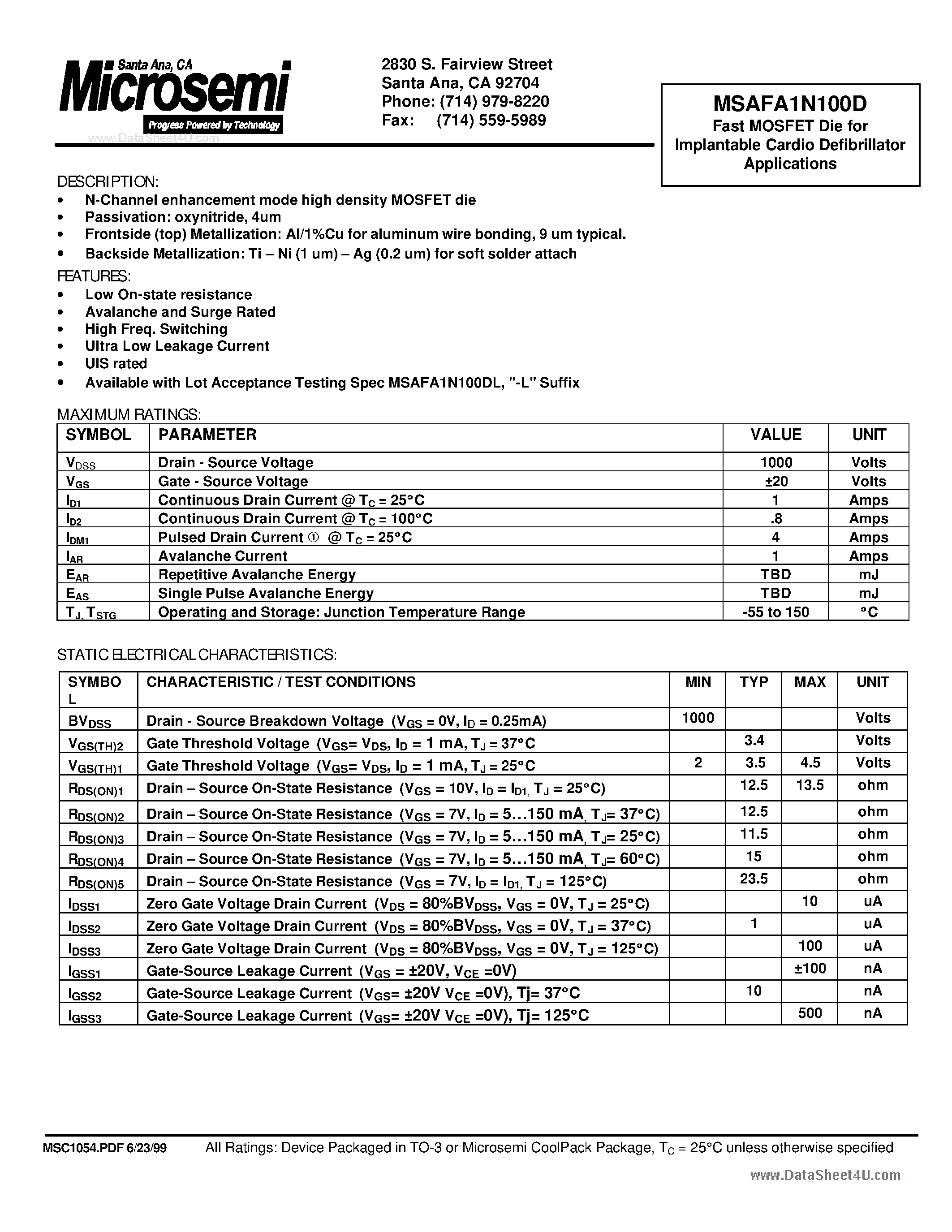 Datasheet MSAFA1N100D - Fast MOSFET Die page 1