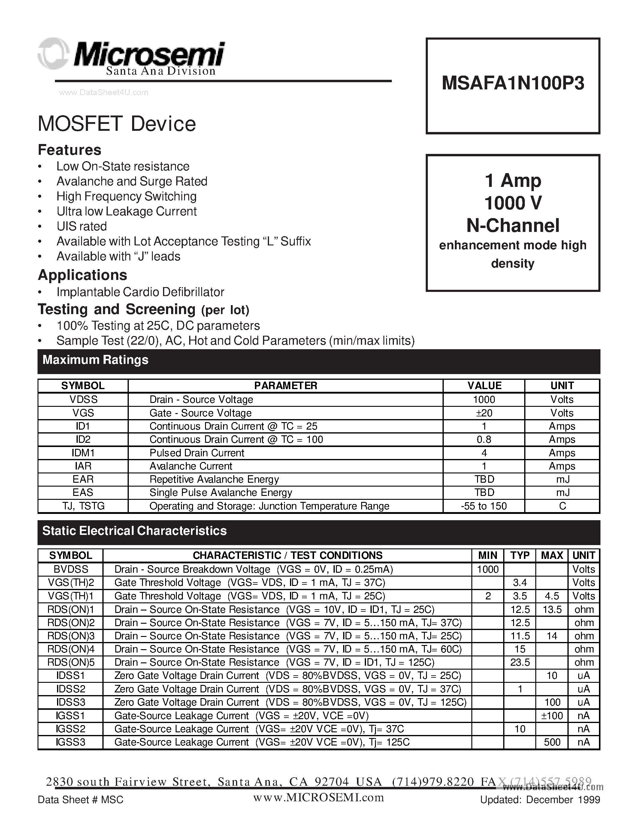 Datasheet MSAFA1N100P3 - MOSFET Device page 1