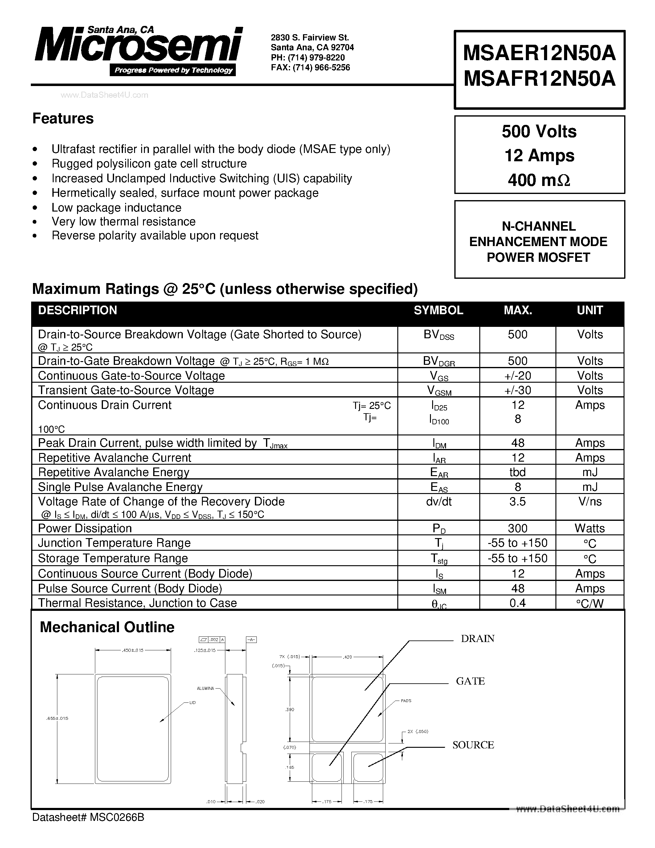 Datasheet MSAER12N50A - N-CHANNEL ENHANCEMENT MODE POWER MOSFET page 1