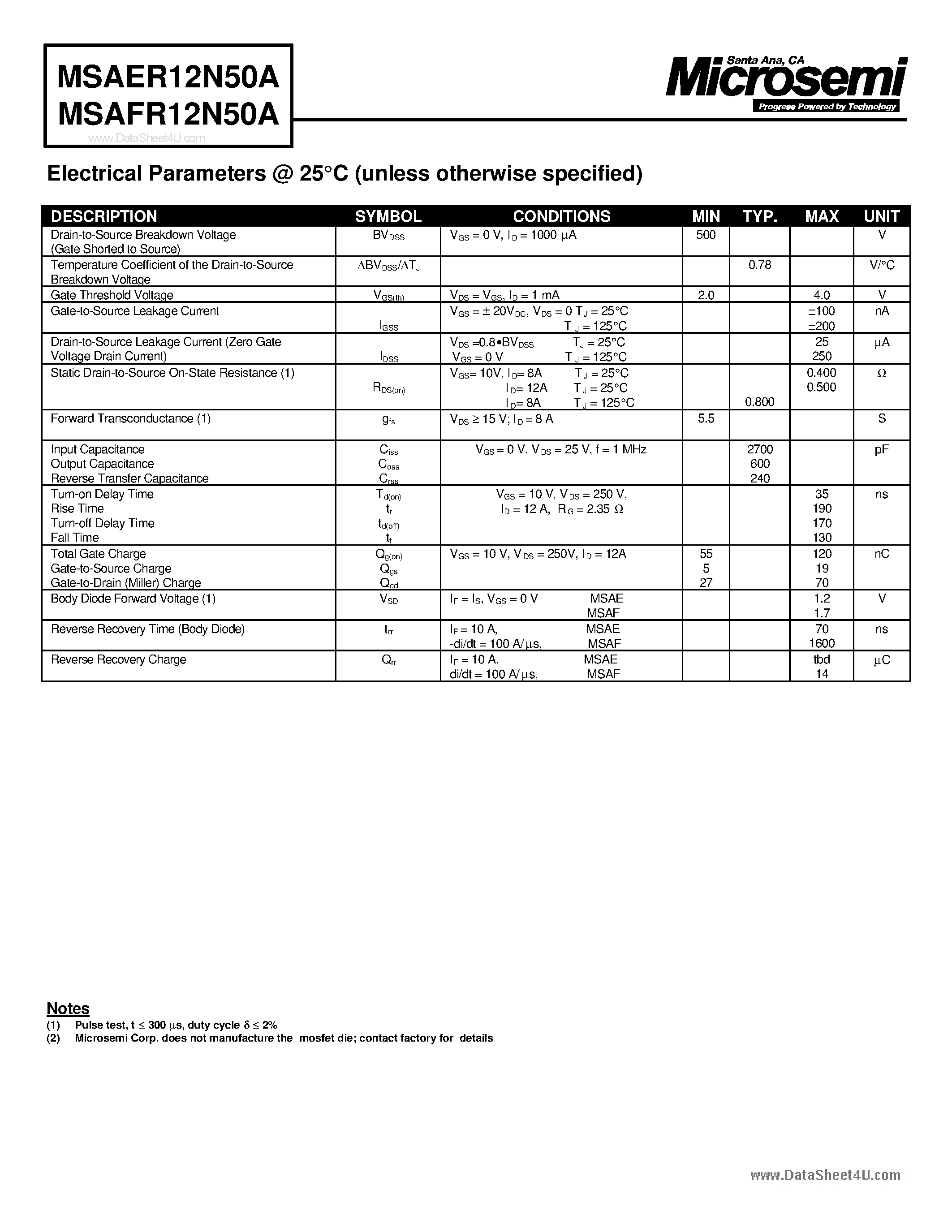 Datasheet MSAER12N50A - N-CHANNEL ENHANCEMENT MODE POWER MOSFET page 2