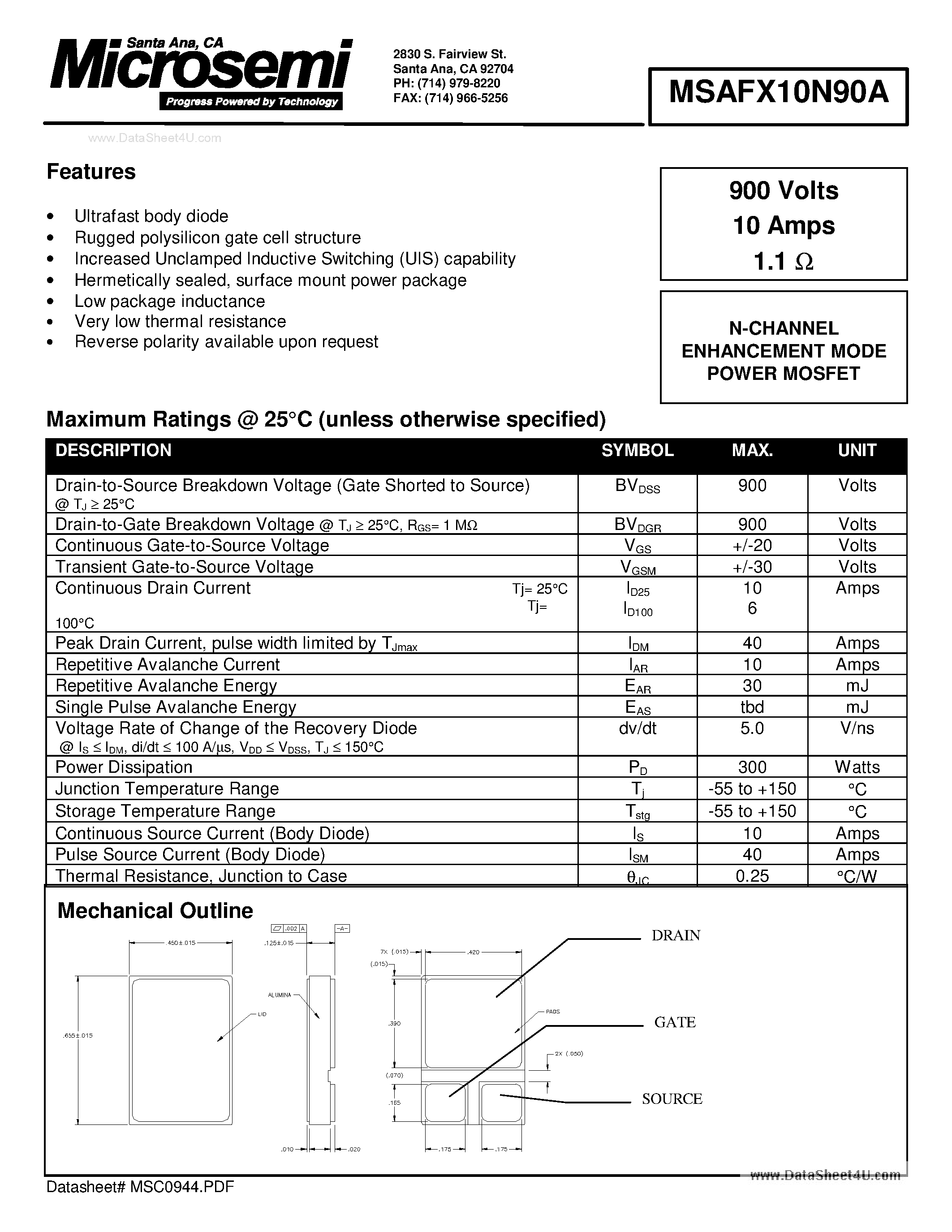 Datasheet MSAFX10N90A - N-CHANNEL ENHANCEMENT MODE POWER MOSFET page 1