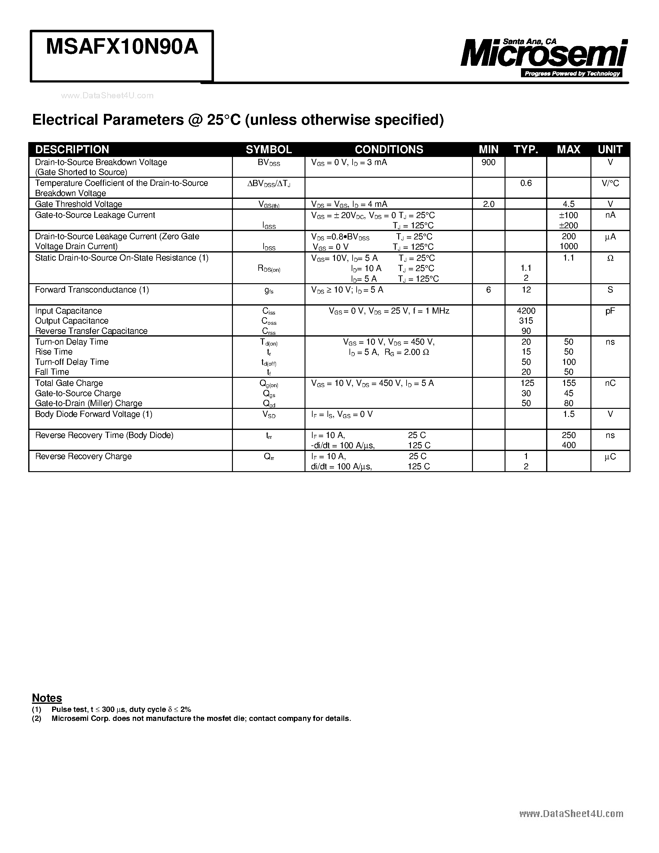 Datasheet MSAFX10N90A - N-CHANNEL ENHANCEMENT MODE POWER MOSFET page 2