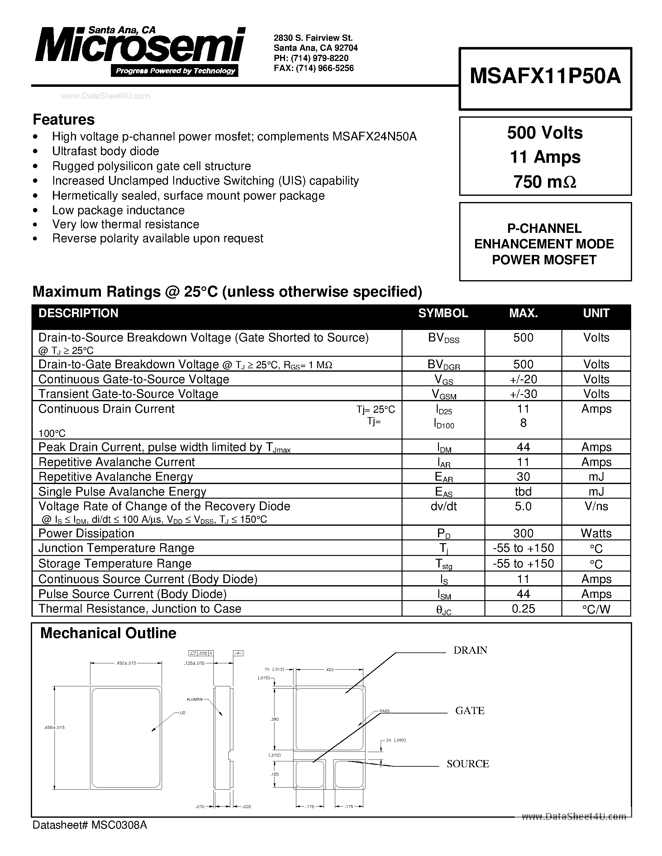 Datasheet MSAFX11P50A - N-CHANNEL ENHANCEMENT MODE POWER MOSFET page 1