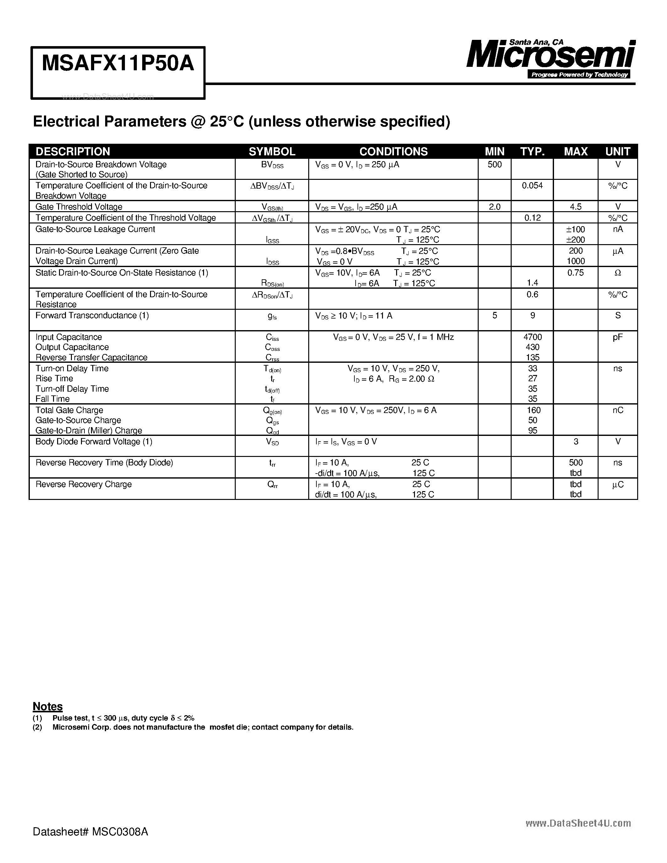 Datasheet MSAFX11P50A - N-CHANNEL ENHANCEMENT MODE POWER MOSFET page 2