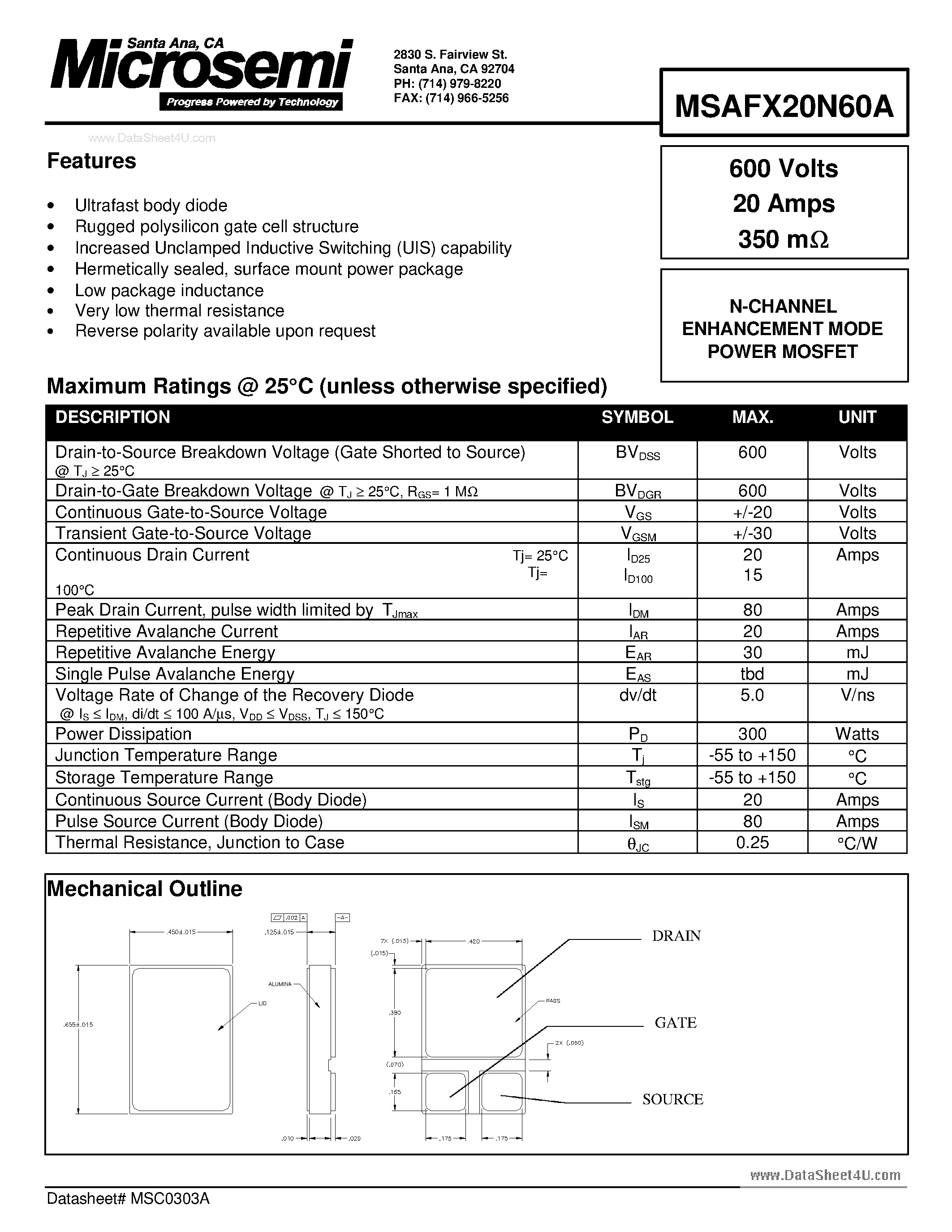 Datasheet MSAFX20N60A - N-CHANNEL ENHANCEMENT MODE POWER MOSFET page 1