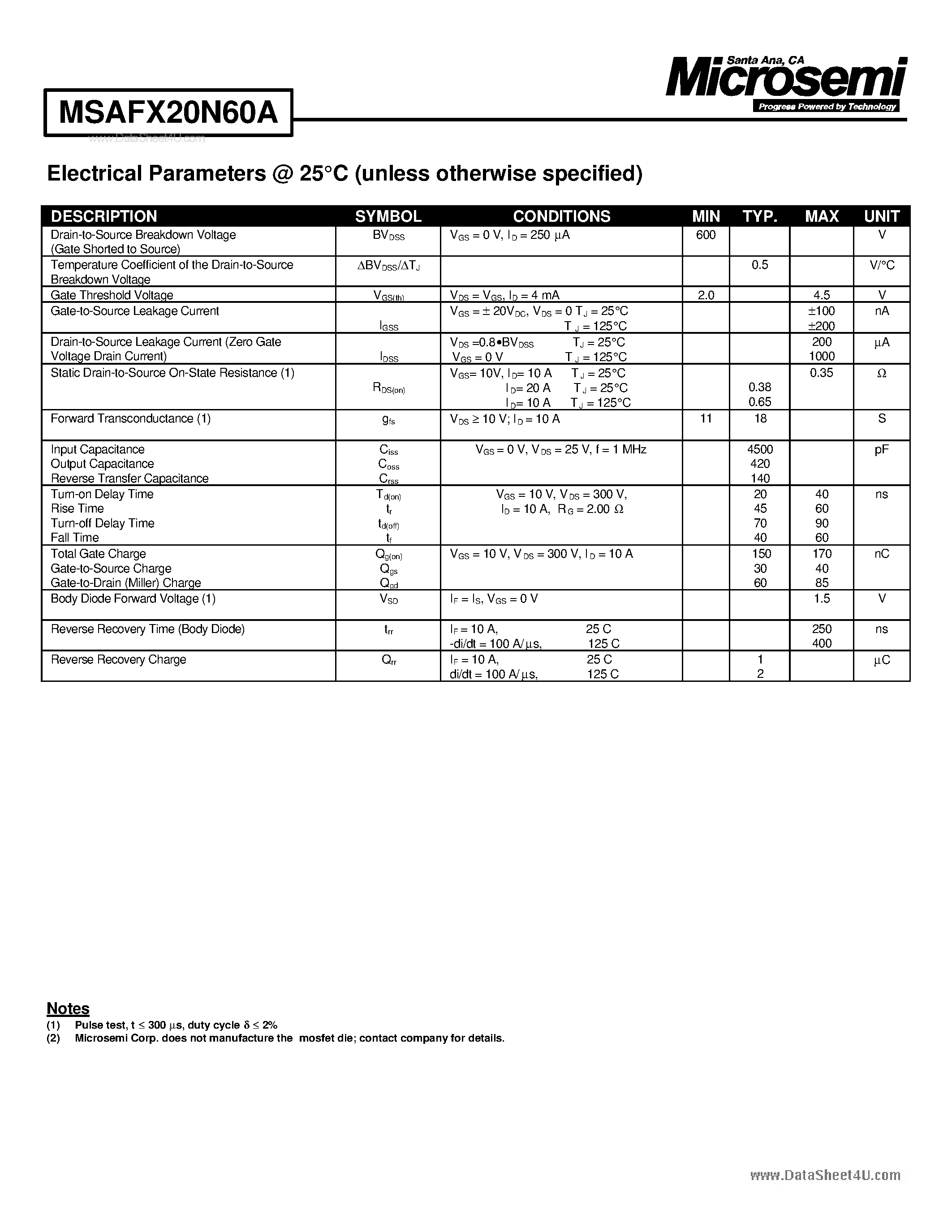 Datasheet MSAFX20N60A - N-CHANNEL ENHANCEMENT MODE POWER MOSFET page 2