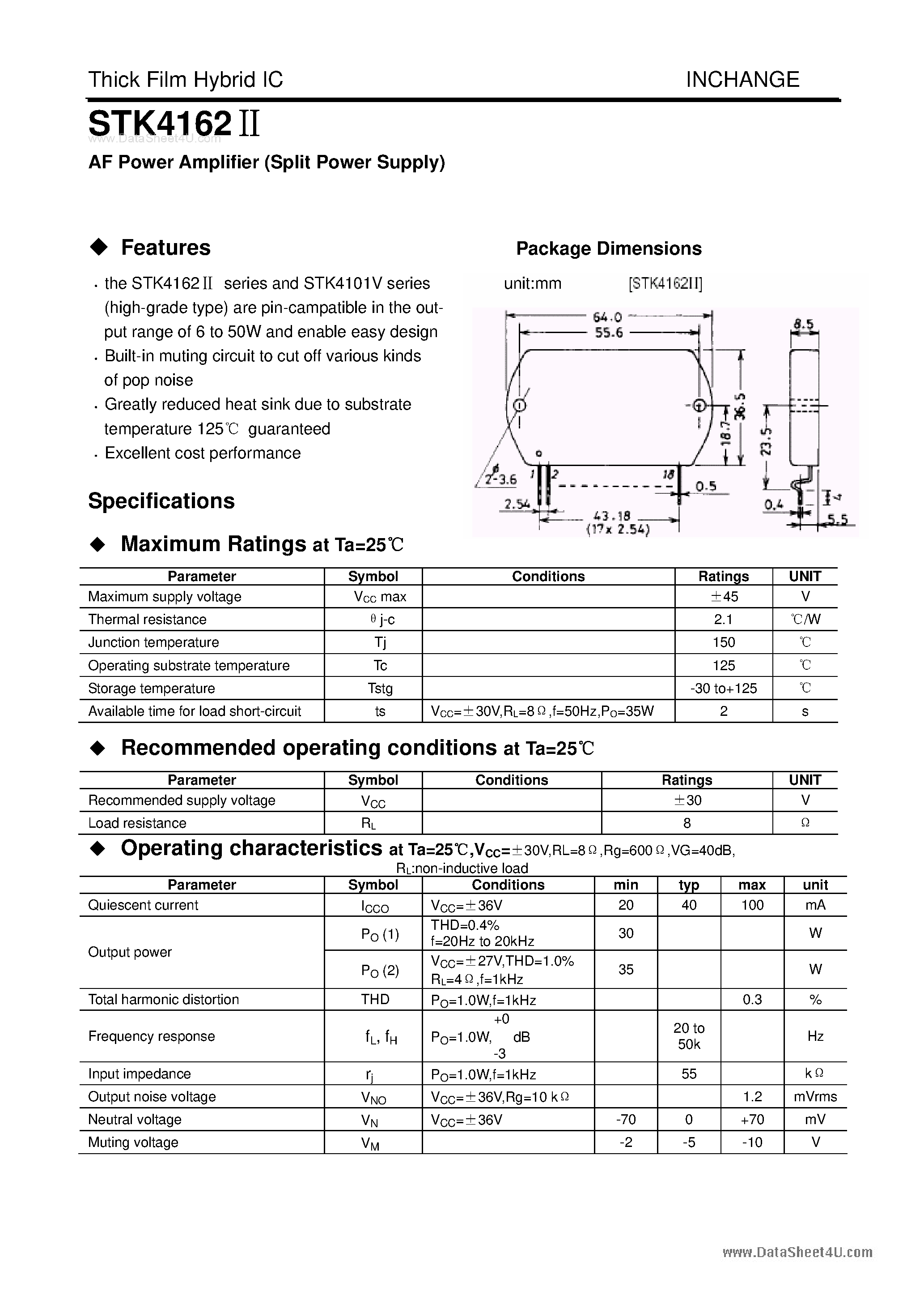 Datasheet STK4162II - AF Power Amplifier page 1