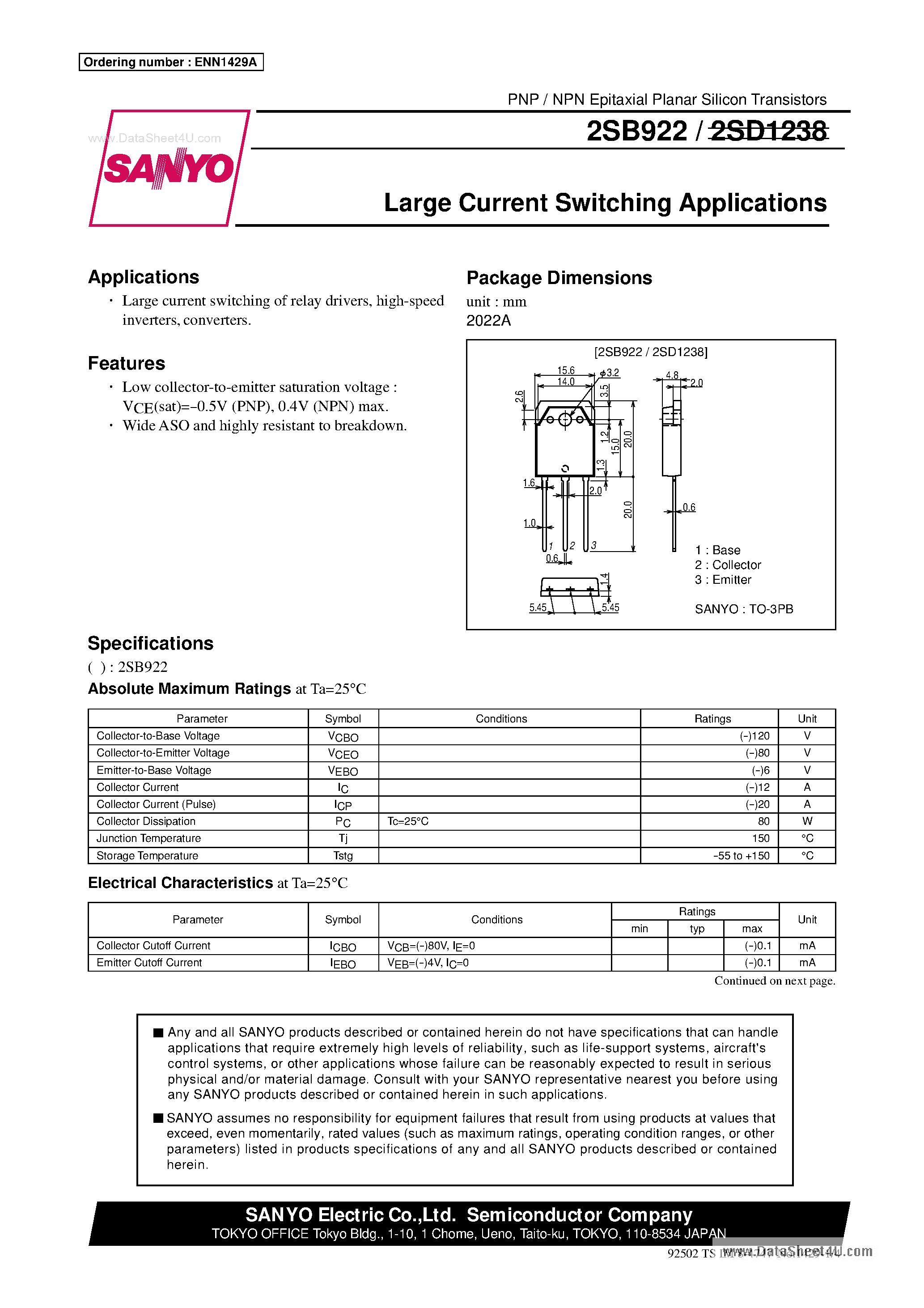 Даташит 2SD1238 - Large Current Switching Applications страница 1