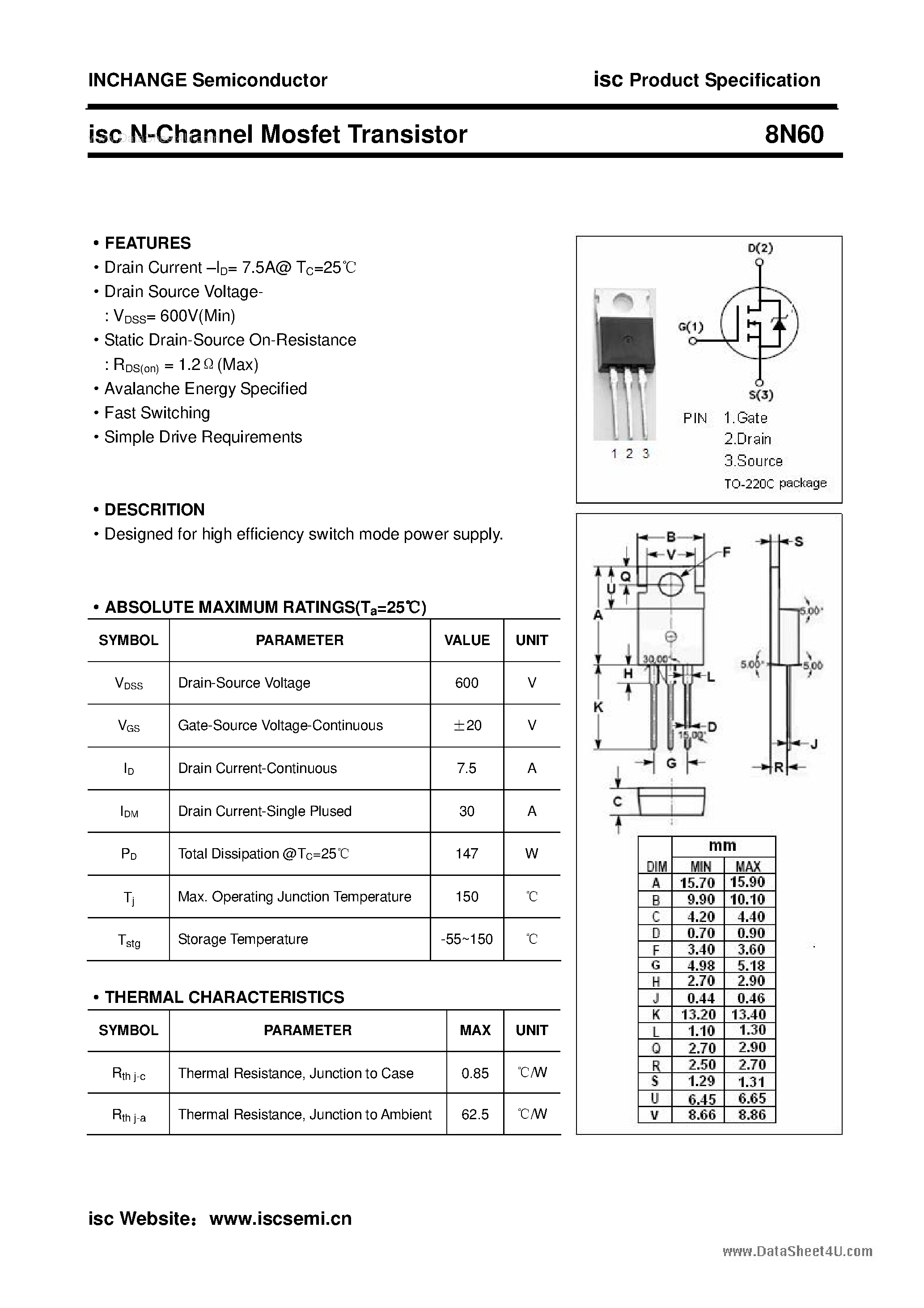 Даташит 8N60 - N-Channel MOSFET Transistor страница 1