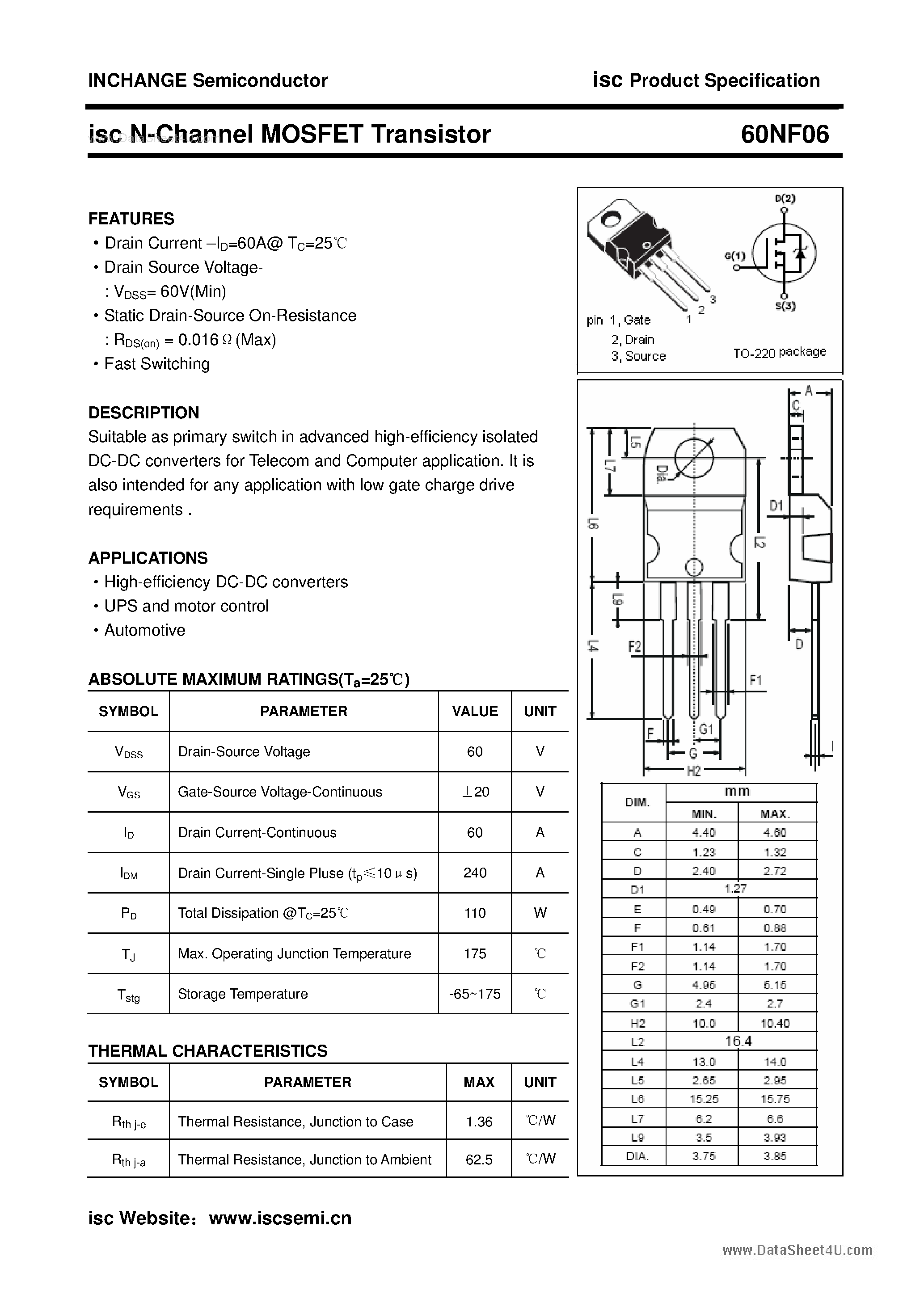 Даташит 60NF06 - N-Channel MOSFET Transistor страница 1