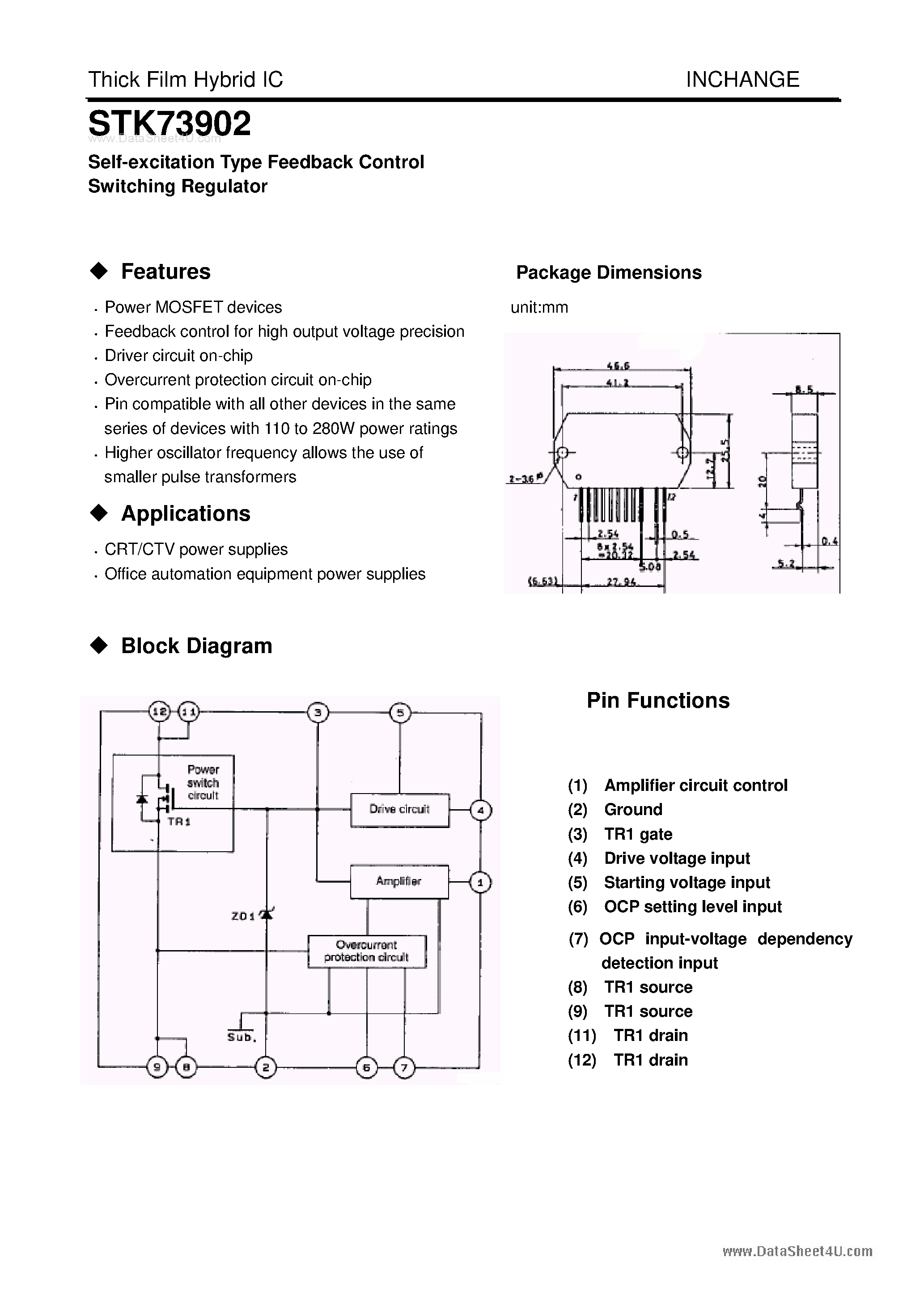 Datasheet STK73902 - Self-Excitation Type Feedback Control Switching Regulator page 1