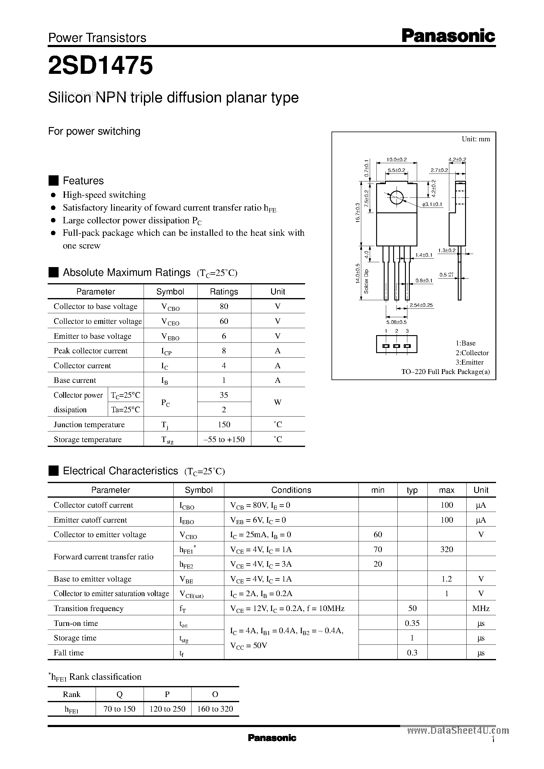 Datasheet D1475 - Search -----> 2SD1475 page 1