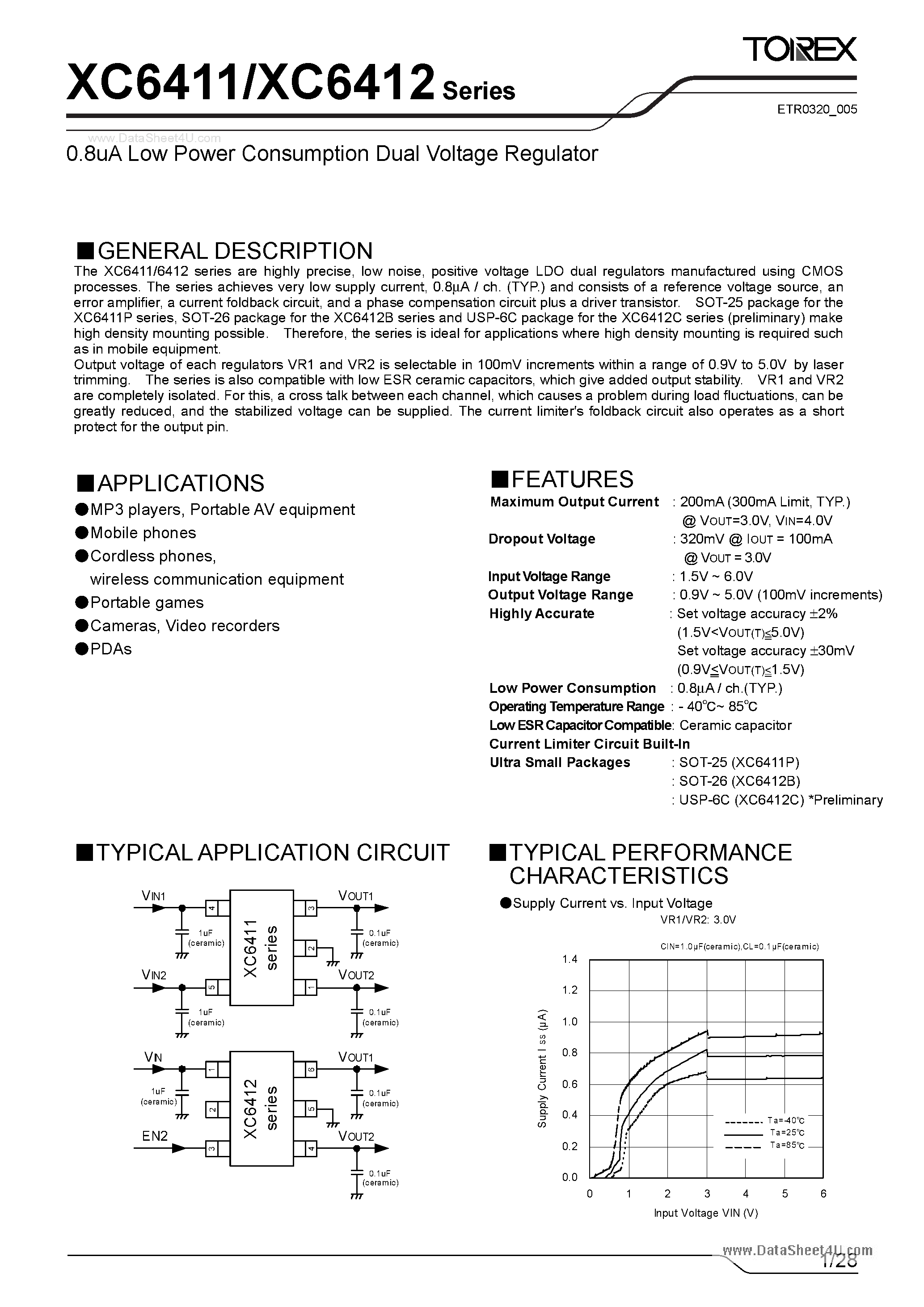 Даташит XC6411 - (XC6411 / XC6412) 0.8uA Low Power Consumption Dual Voltage Regulator страница 1