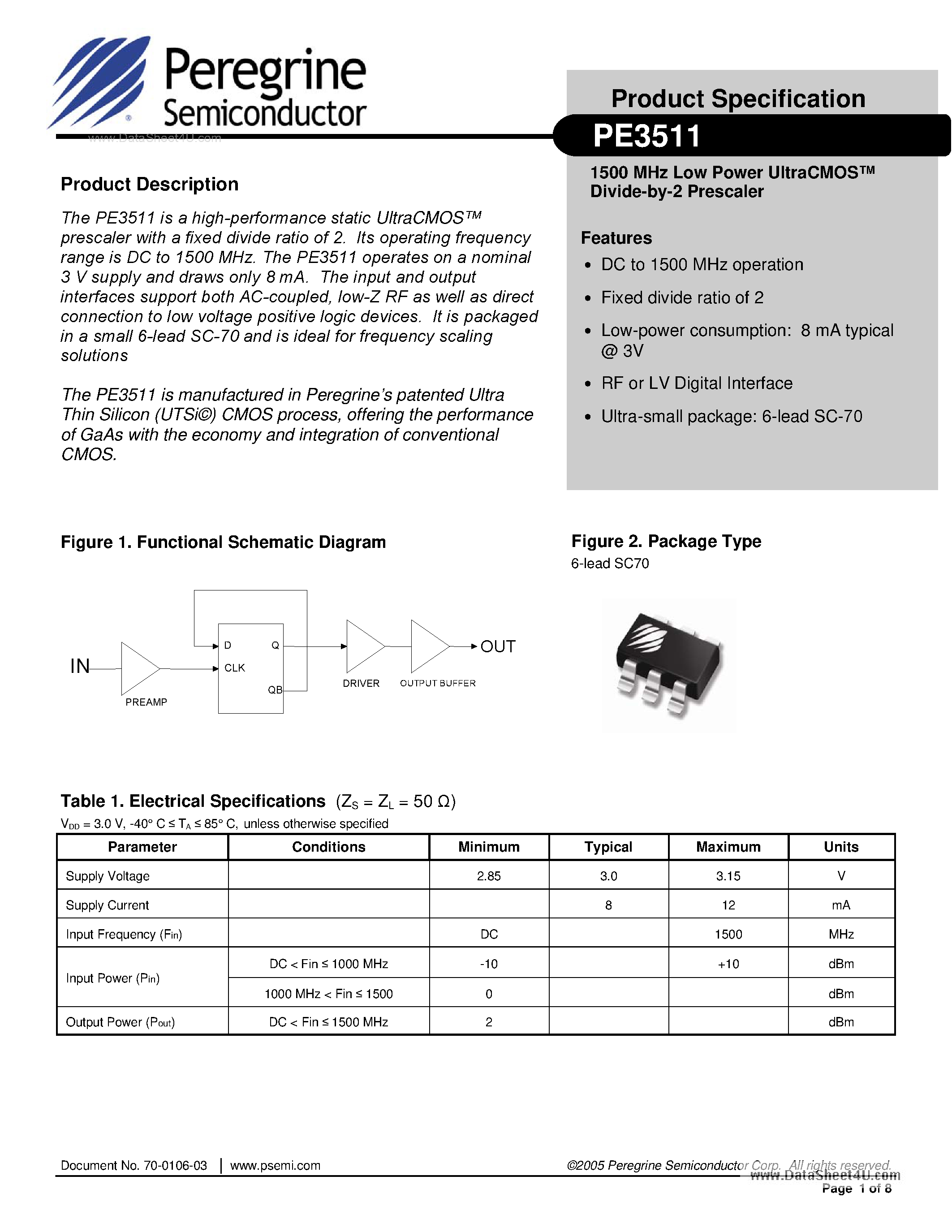 Даташит PE3511 - 1500 MHz Low Power UltraCMOS Divide-by-2 Prescaler страница 1