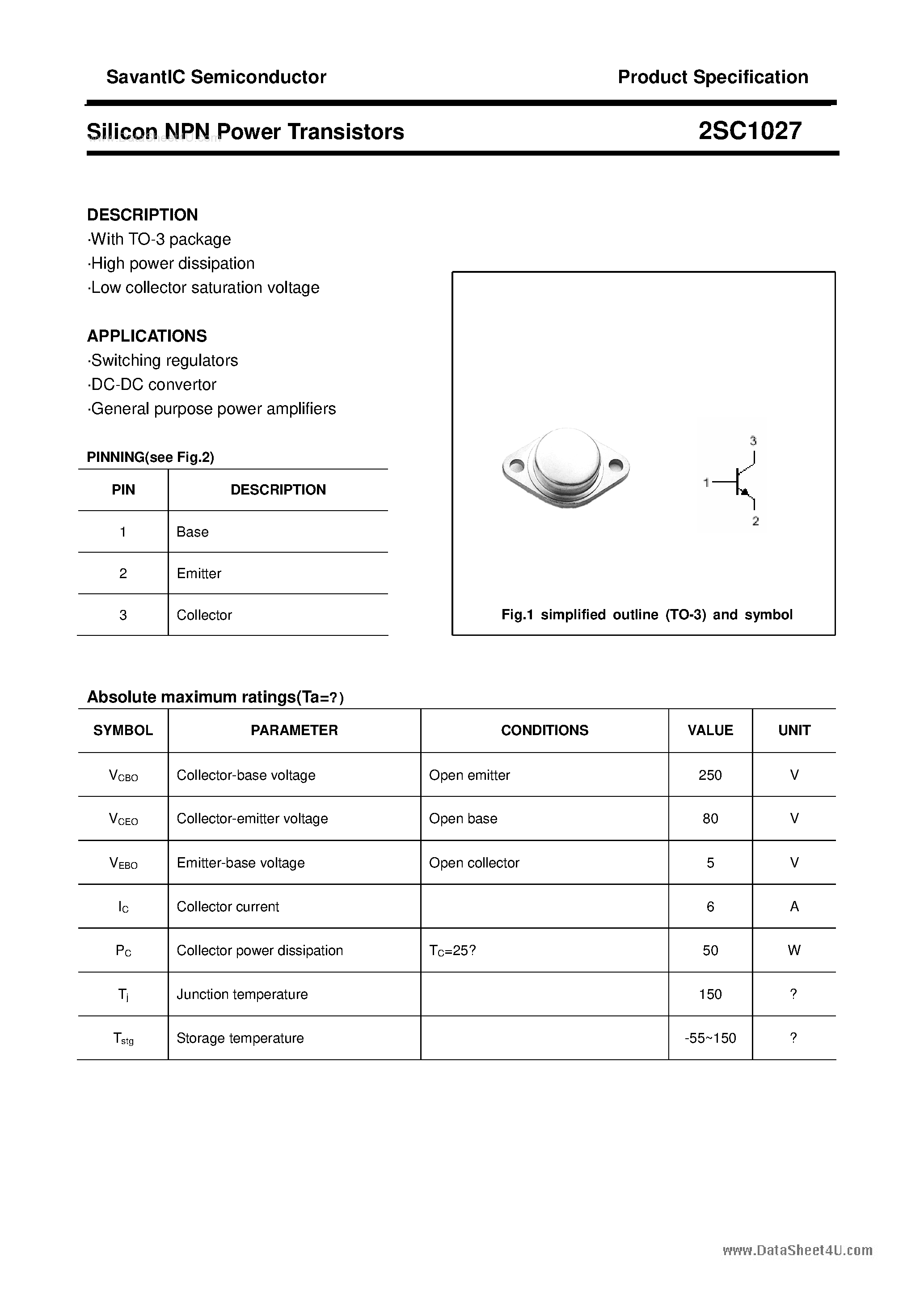 Datasheet 2SC1027 - SILICON POWER TRANSISTOR page 1