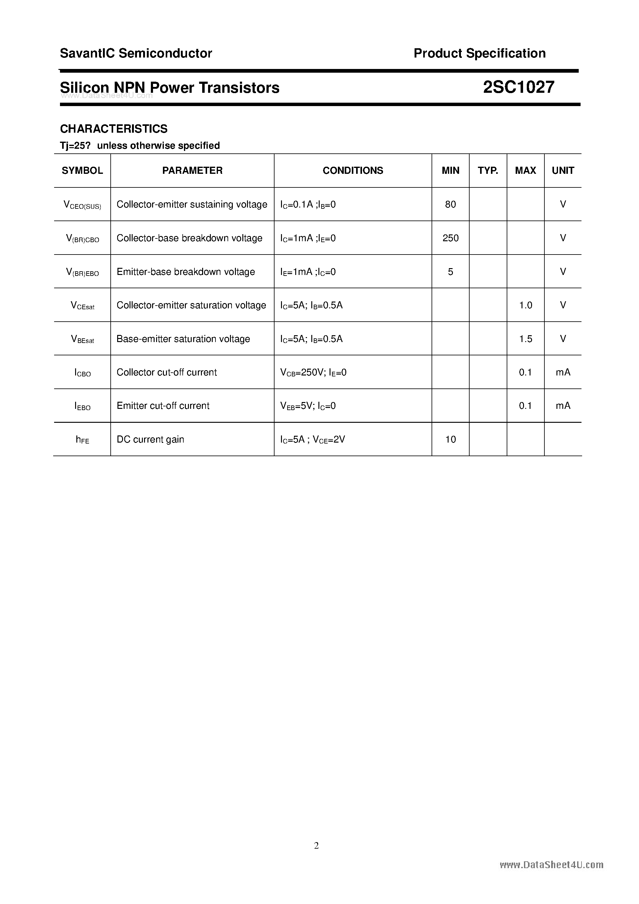 Datasheet 2SC1027 - SILICON POWER TRANSISTOR page 2