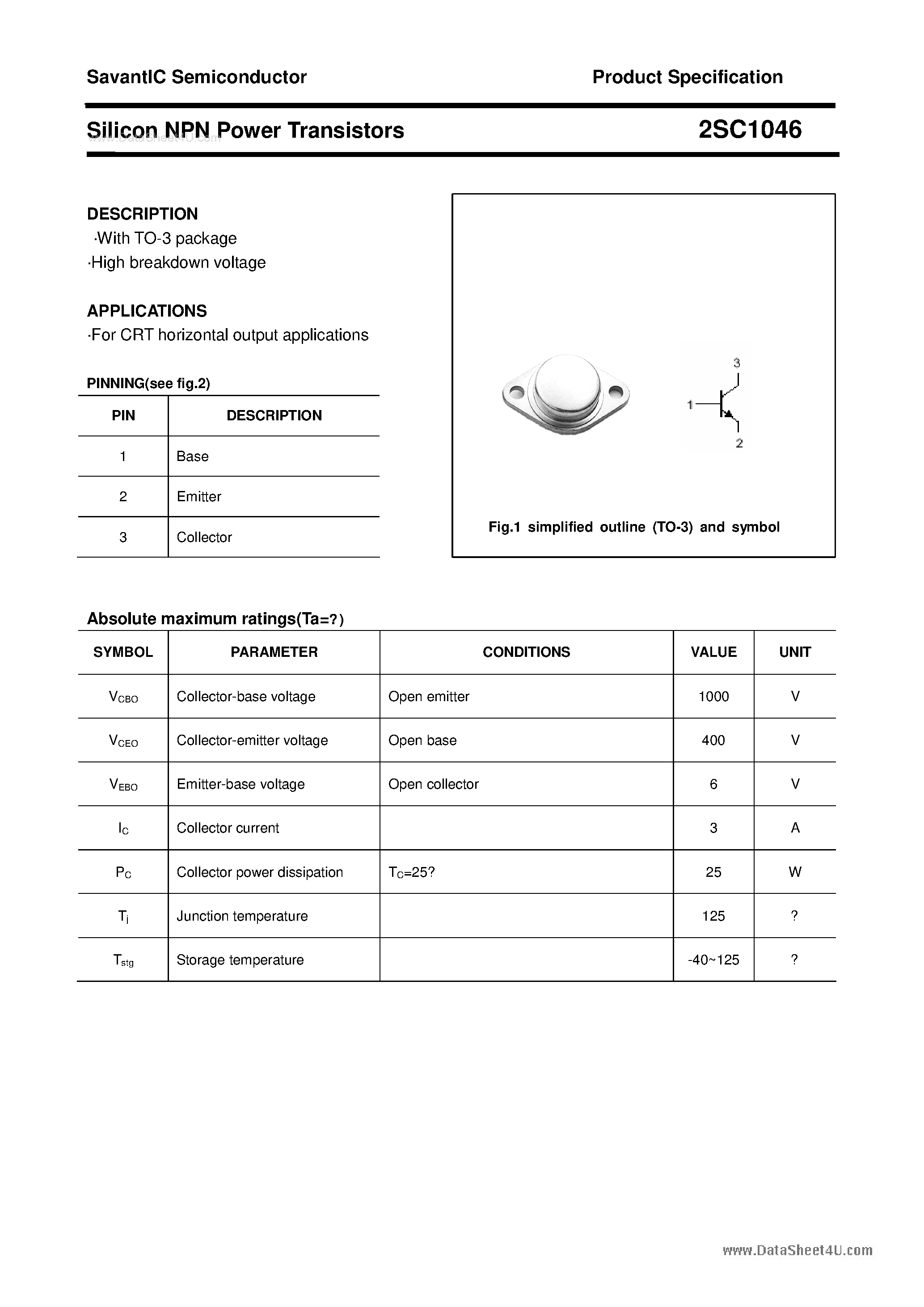 Datasheet 2SC1046 - SILICON POWER TRANSISTOR page 1