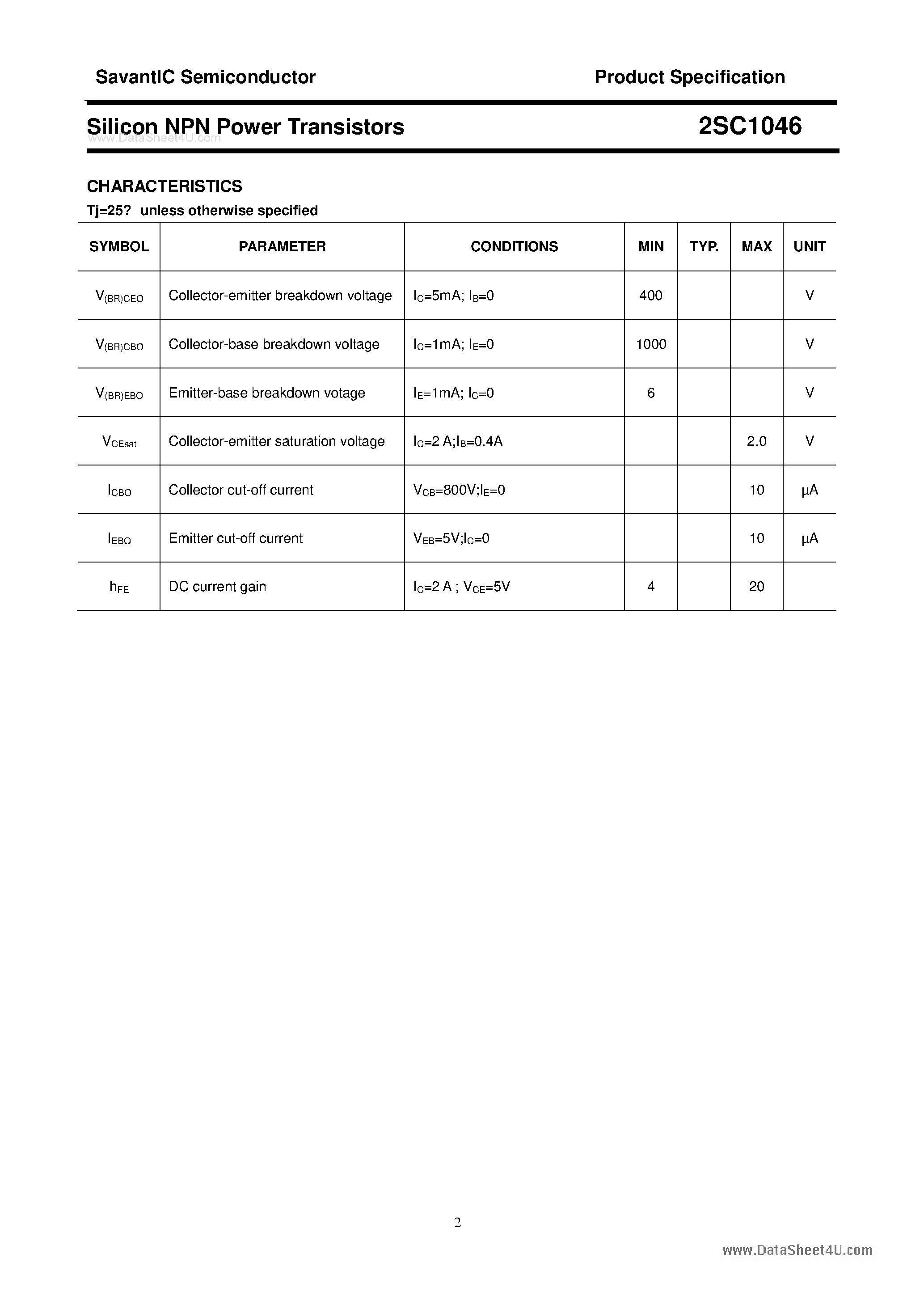 Datasheet 2SC1046 - SILICON POWER TRANSISTOR page 2