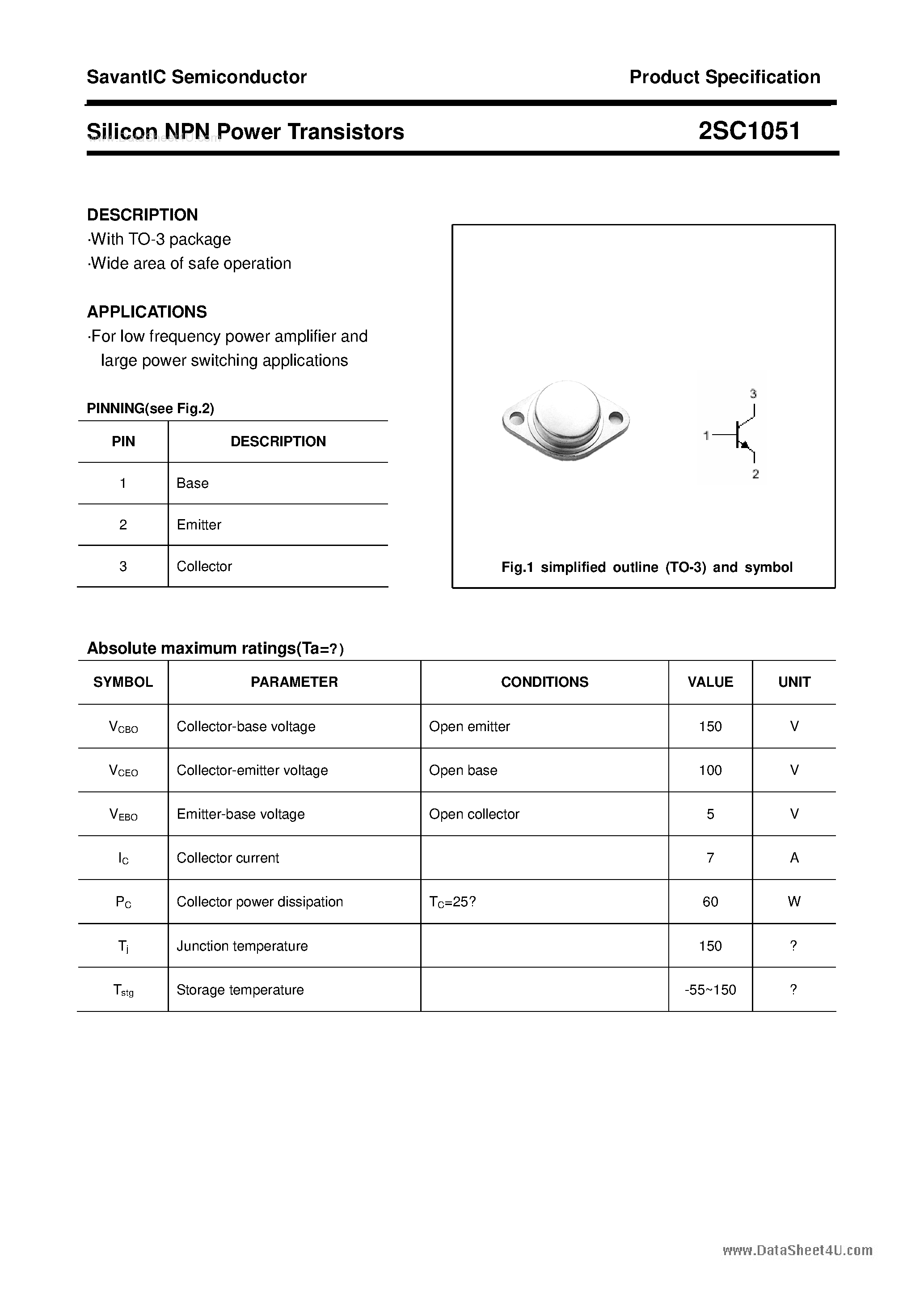 Datasheet 2SC1051 - SILICON POWER TRANSISTOR page 1