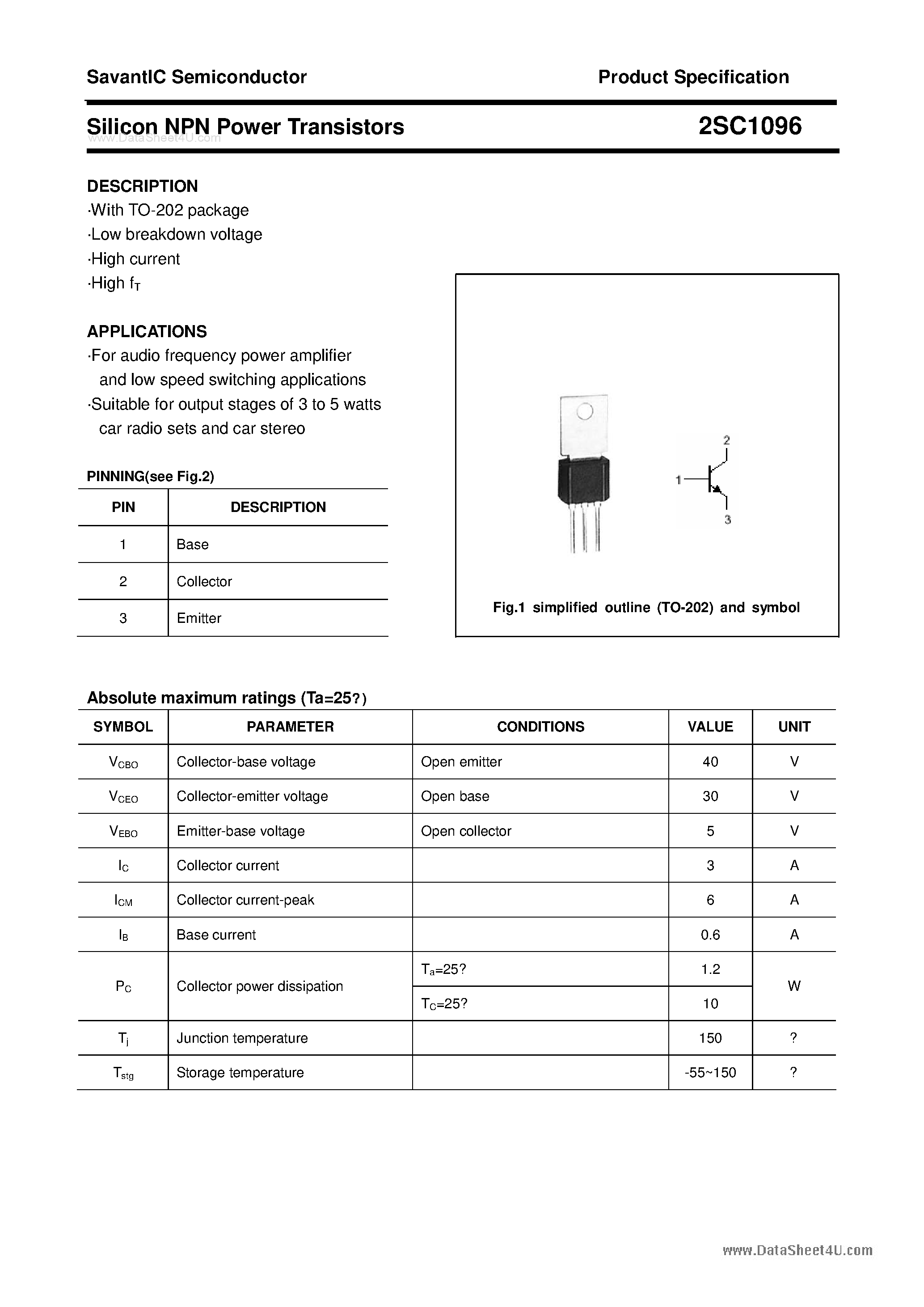 Datasheet 2SC1096 - SILICON POWER TRANSISTOR page 1