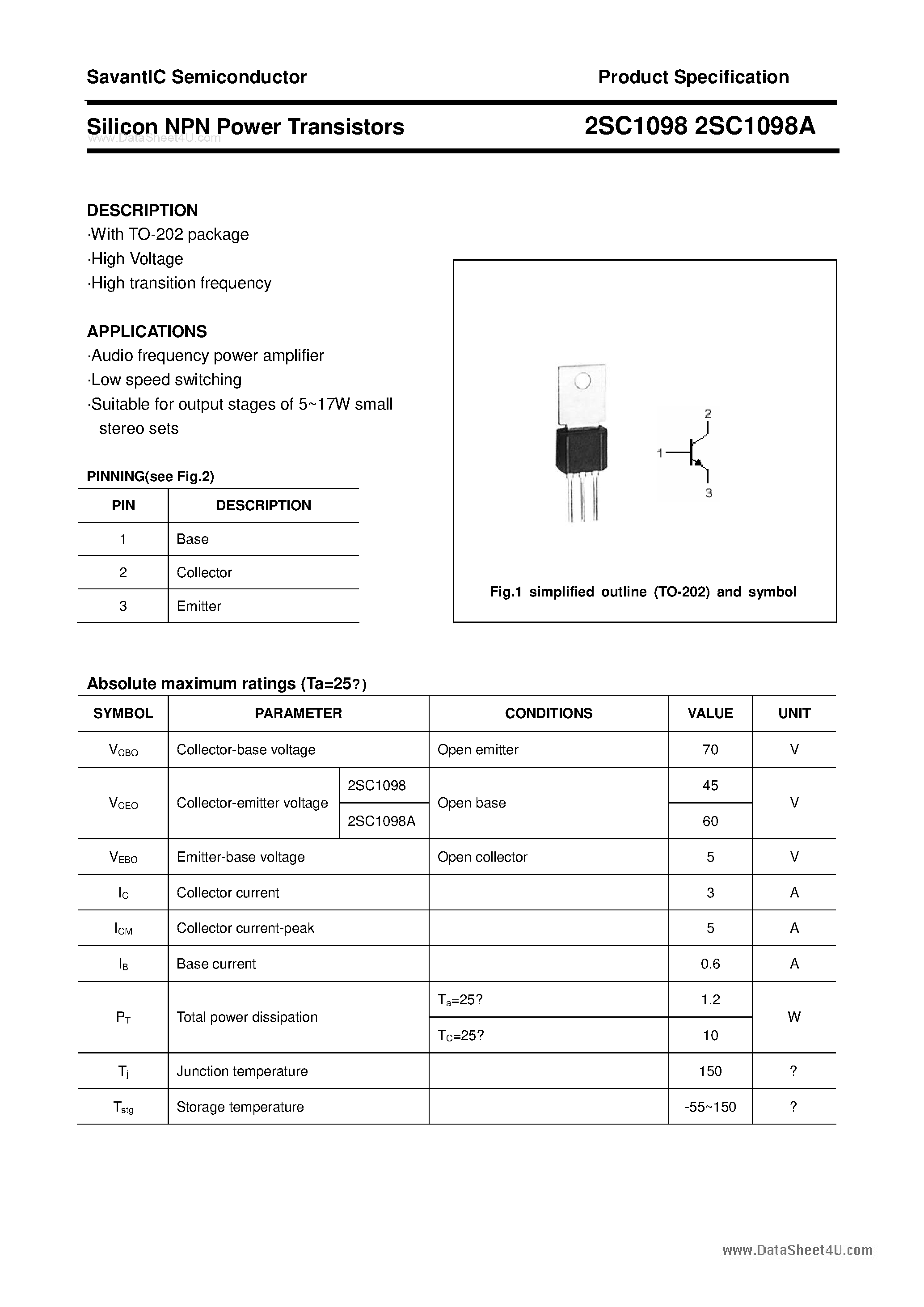 Datasheet 2SC1098 - SILICON POWER TRANSISTOR page 1