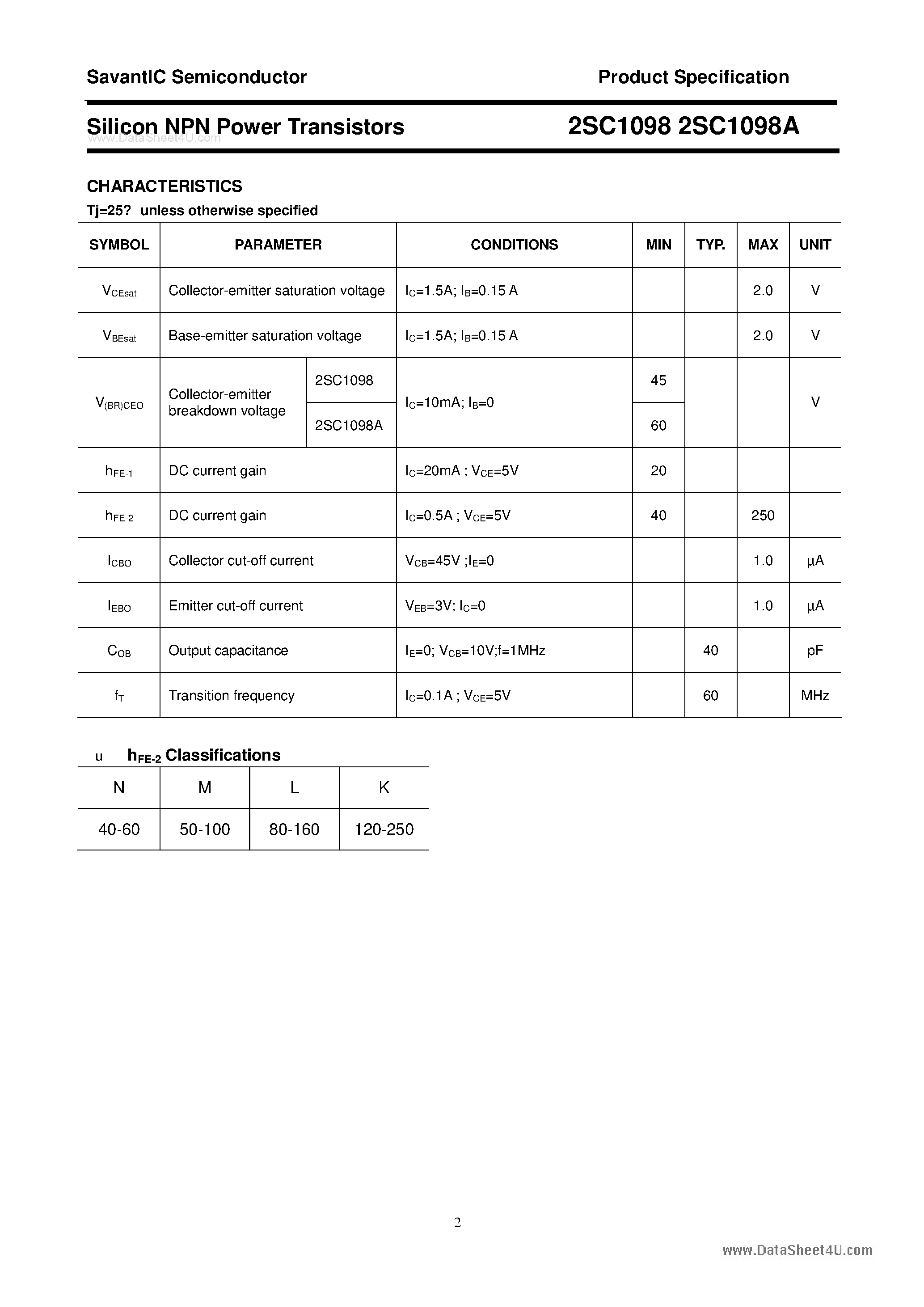 Datasheet 2SC1098 - SILICON POWER TRANSISTOR page 2