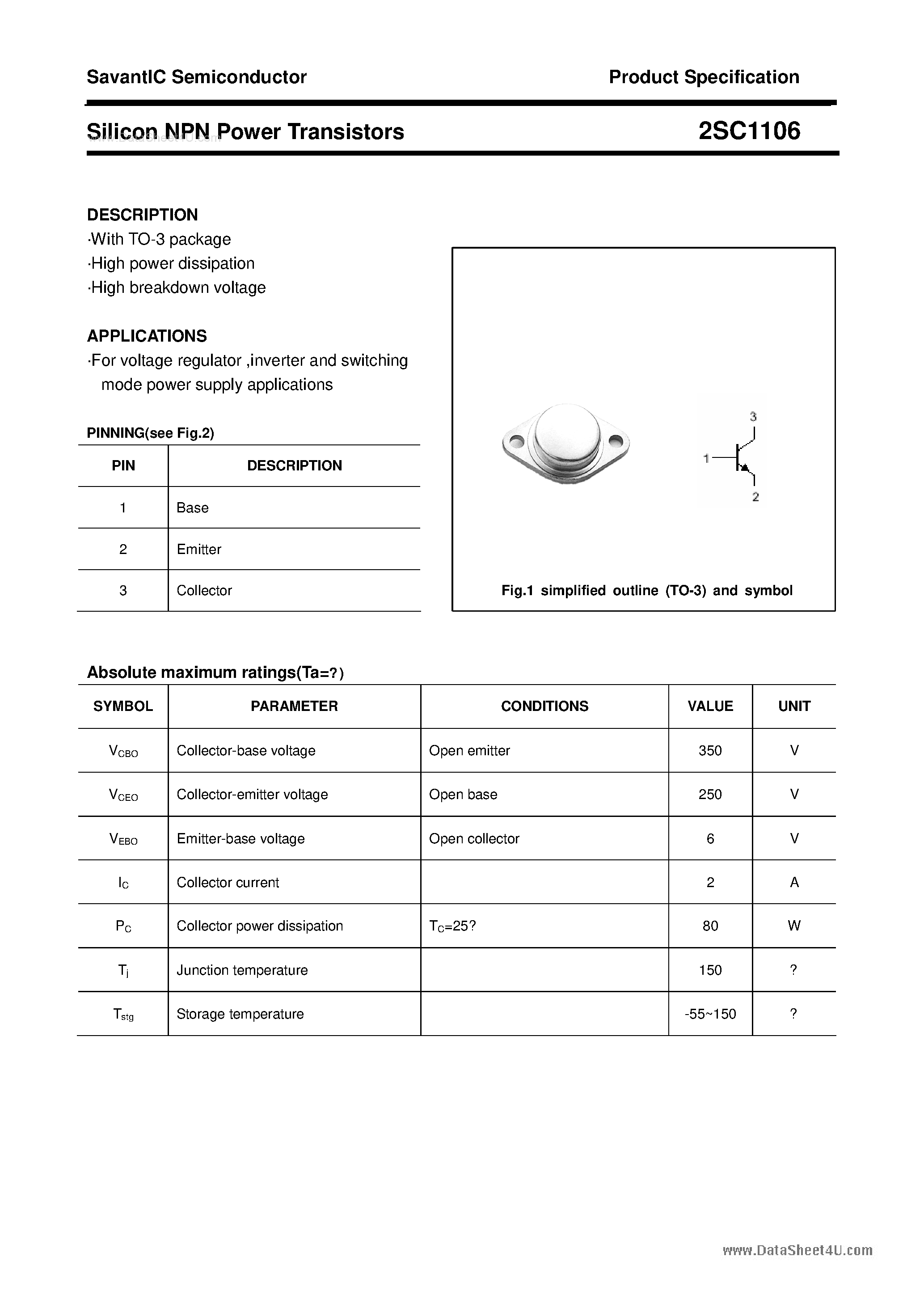 Datasheet 2SC1106 - SILICON POWER TRANSISTOR page 1