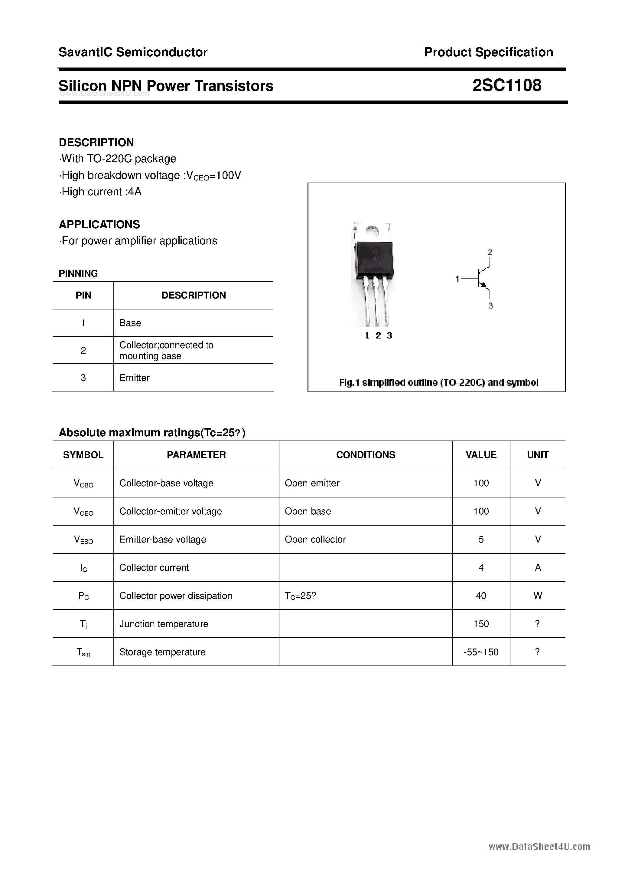 Datasheet 2SC1108 - SILICON POWER TRANSISTOR page 1