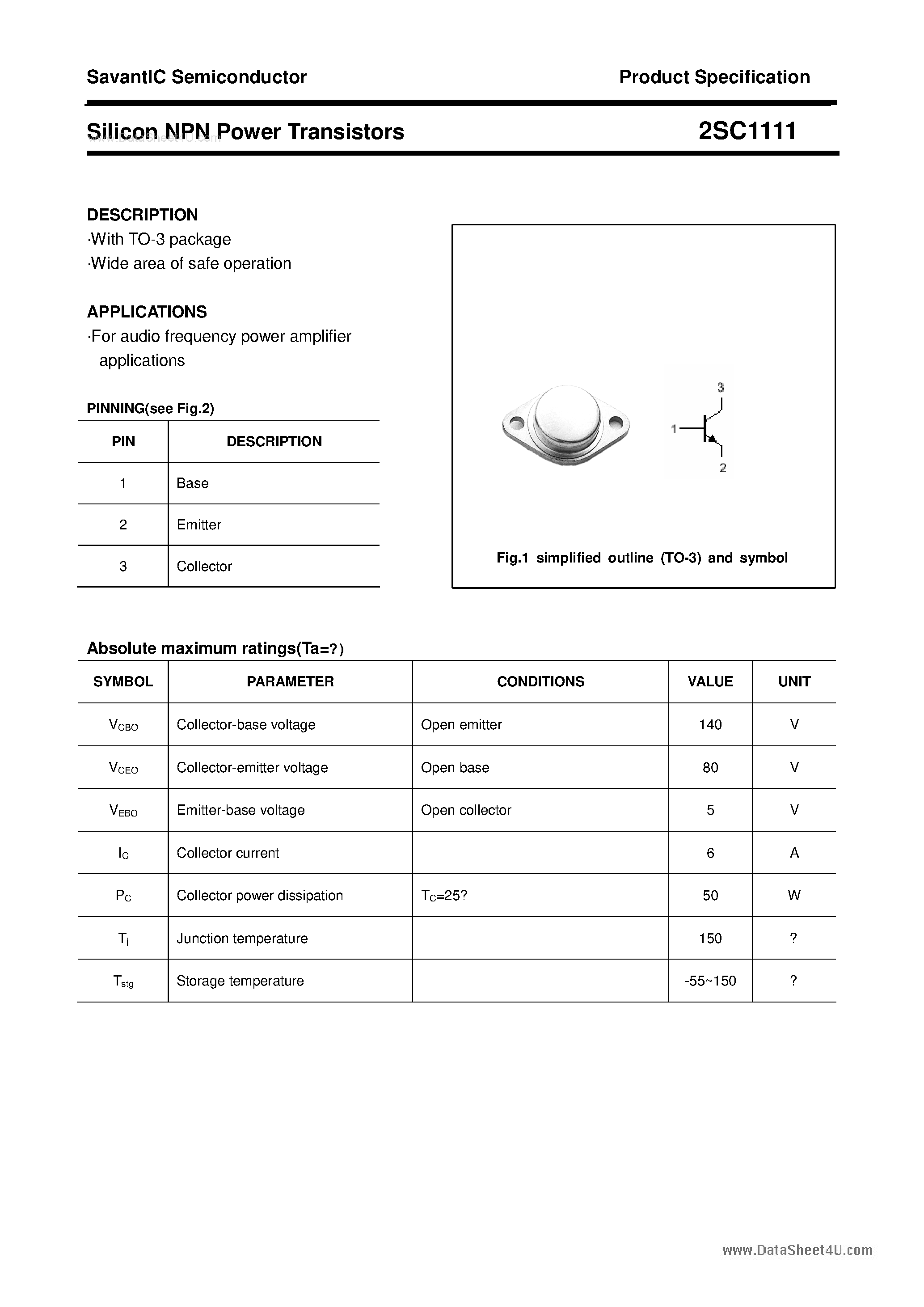 Datasheet 2SC1111 - SILICON POWER TRANSISTOR page 1