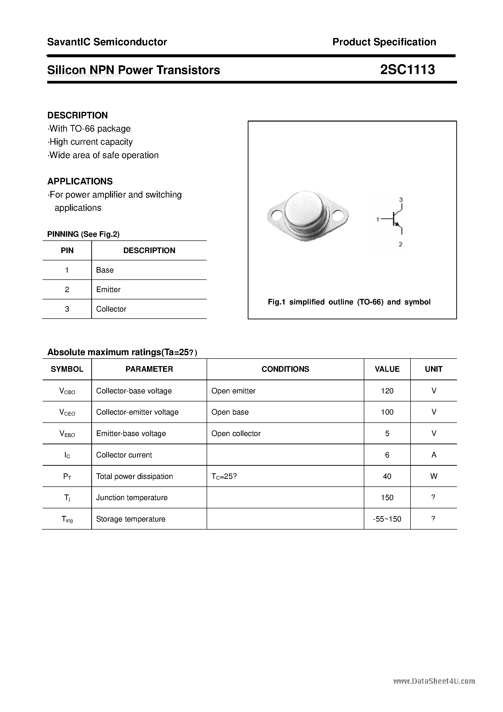 Datasheet 2SC1113 - SILICON POWER TRANSISTOR page 1