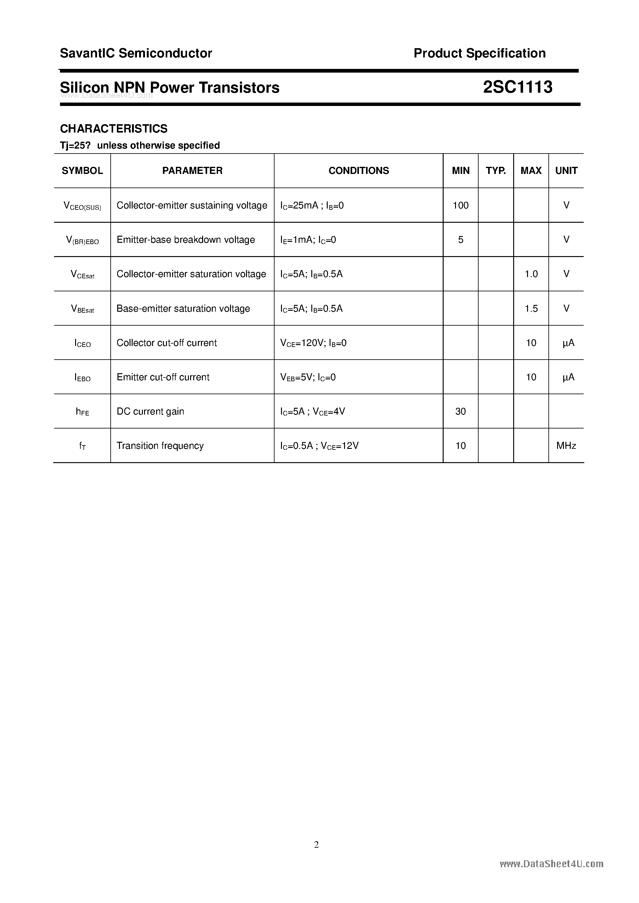 Datasheet 2SC1113 - SILICON POWER TRANSISTOR page 2