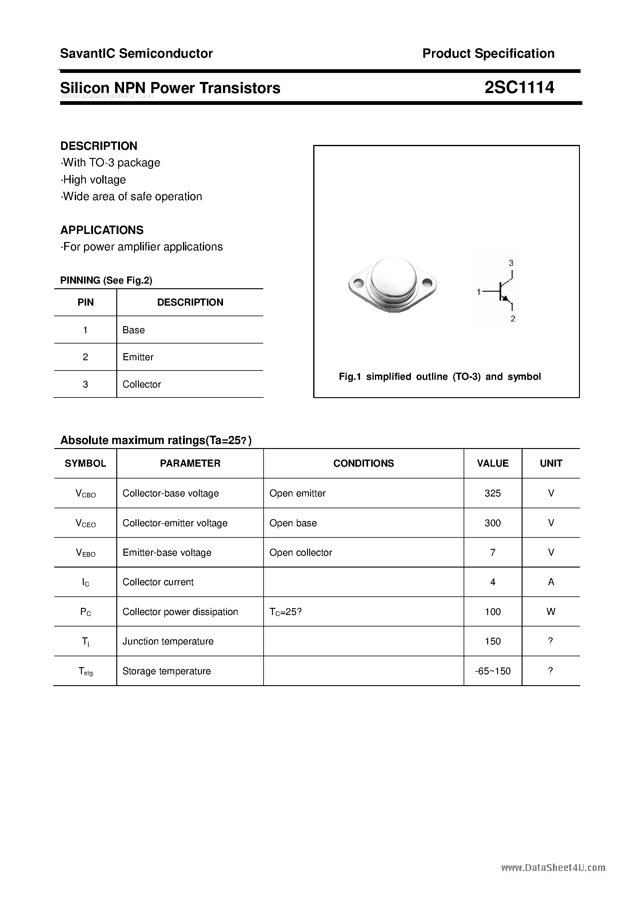 Datasheet 2SC1114 - SILICON POWER TRANSISTOR page 1